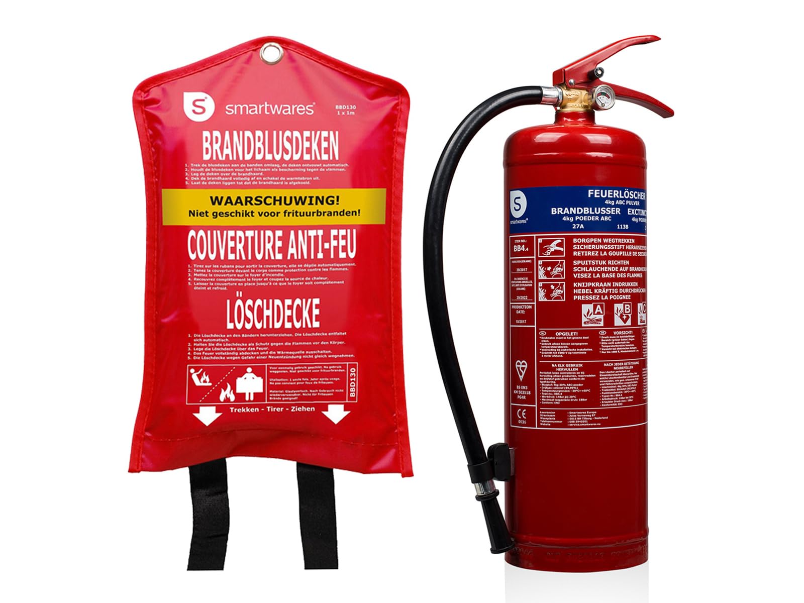 Juego de extintor de incendios / extintor de polvo (4 kg) y manta ignífuga, clase de fuego ABC