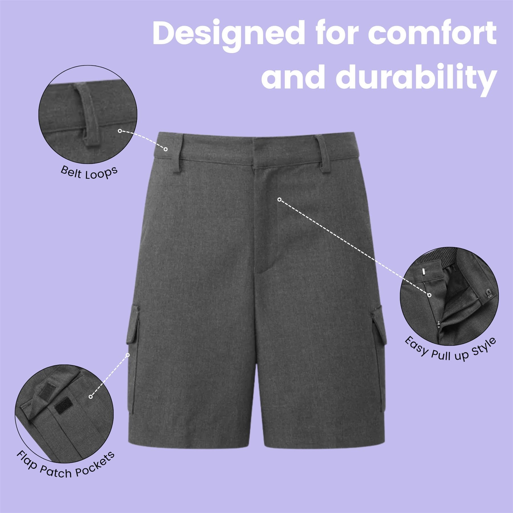 Pantalones cortos cargo para niños, paquete de 3 pantalones cortos escolares lisos de cintura ajustable, cómodo uniforme escolar de verano, edades de 2 a 13 años, en negro y gris, gris, 9