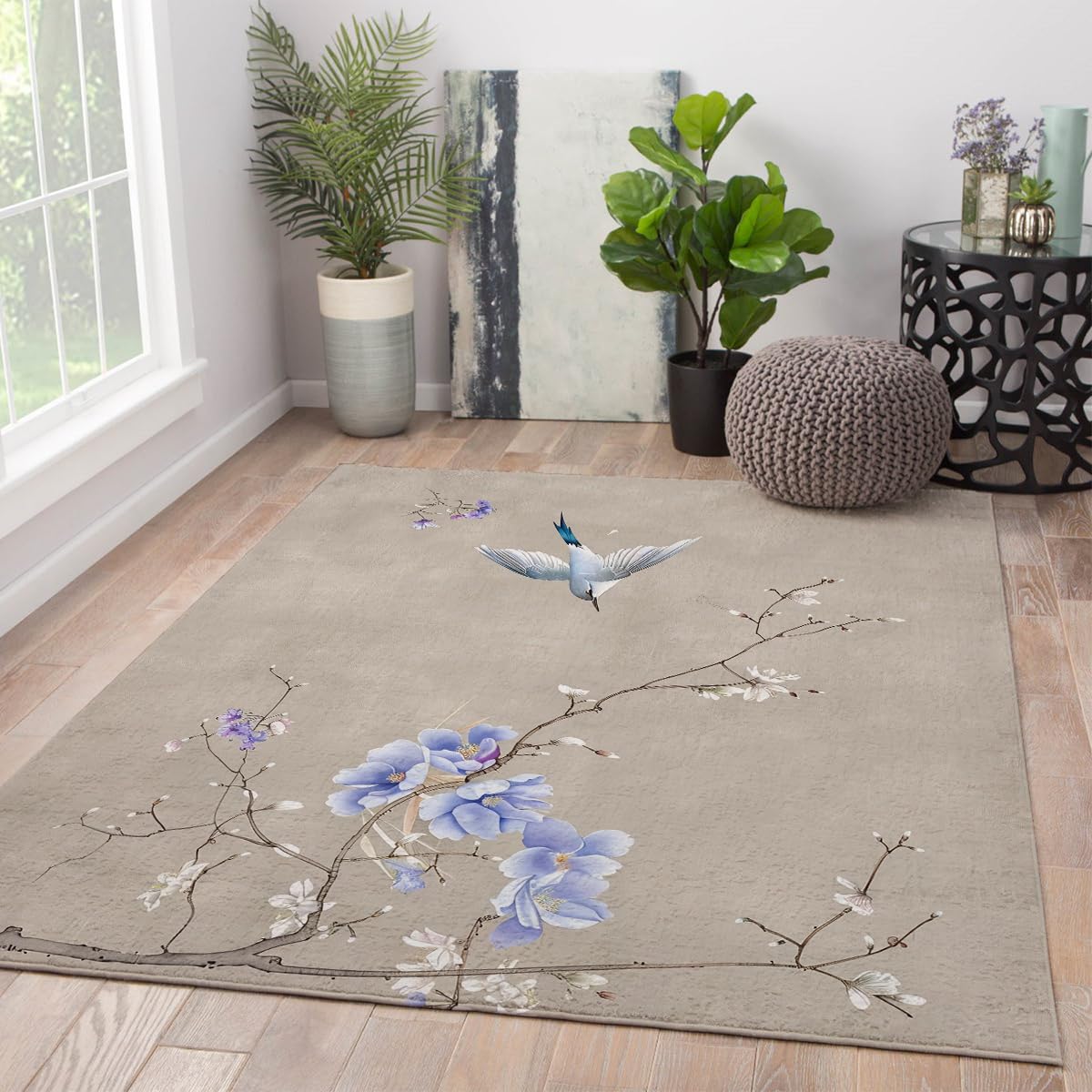 Tapis de salon pliable et fin bleu azur aux motifs d'oiseaux orientaux 120x180