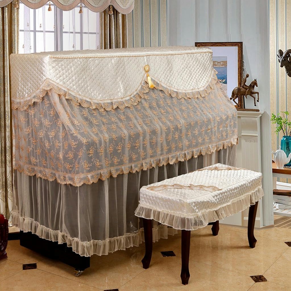 Klavier-Schutztuch, 150 x 105 x 40 cm, beige, ländliche bestickte Spitze, Rüschen, Staubschutz for aufrechte Klaviere mit Hocker-Abdeckung, vollständige Abdeckung for aufrechte Klaviere (Farbe: Konkub