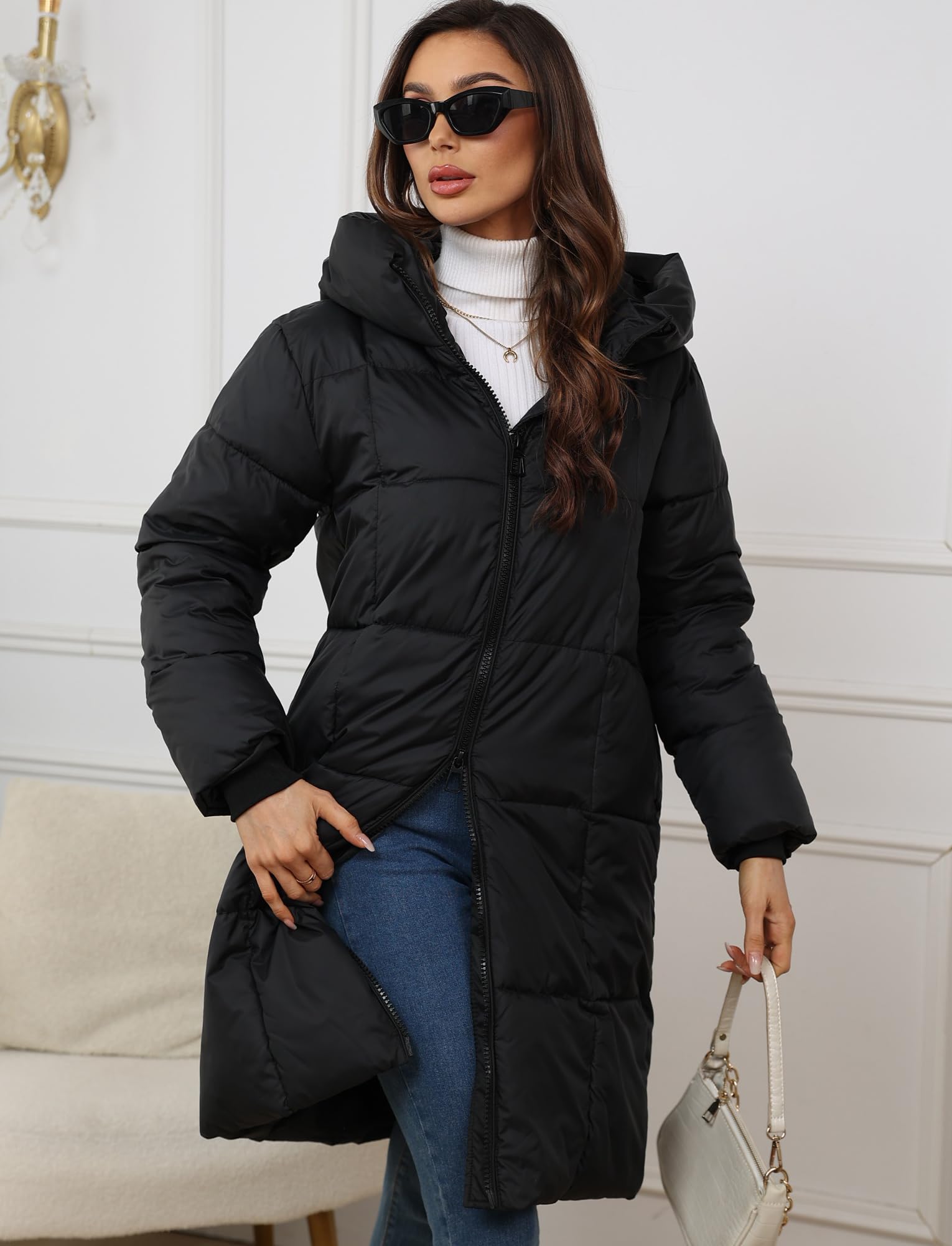 Maeau - Doudoune Longue à Capuche Femmes Hiver Fermeture Éclair Manteau Chaud en Duvet Matelassé Veste Rembourrée Parka Long Casual S-3XL