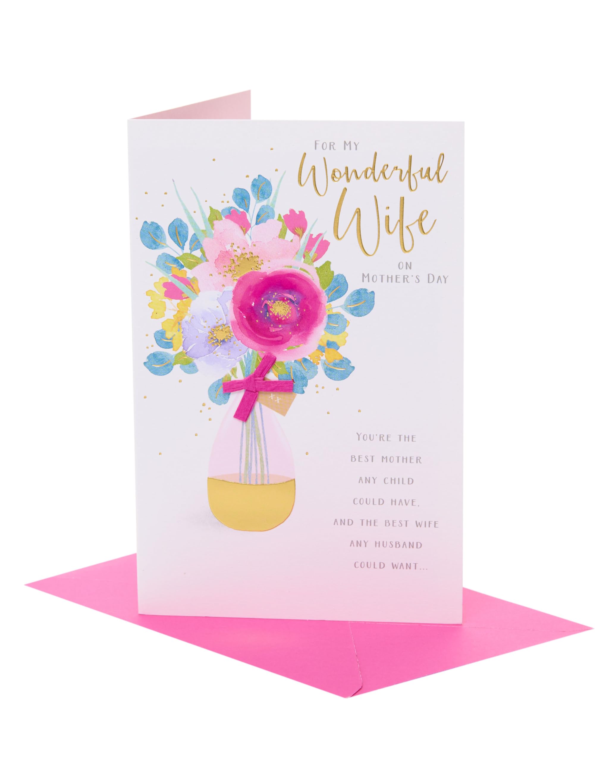 UK Greetings | Mother's Day Card for Wife | Card for Mum, Grandma, Wife | Her, Girls, Women | Pink Floral Design | With Envelope | 14.9 x 22.9 cm