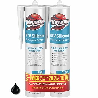Kraken Bond RTV Silicone Sealant Black 2 x 10.1 fl.oz.%100 Waterproof Silicone Caulk Kitchen and Bathroom, All Purpose, Window Caulking Sealant Outdoor, RV, 2 Pack
