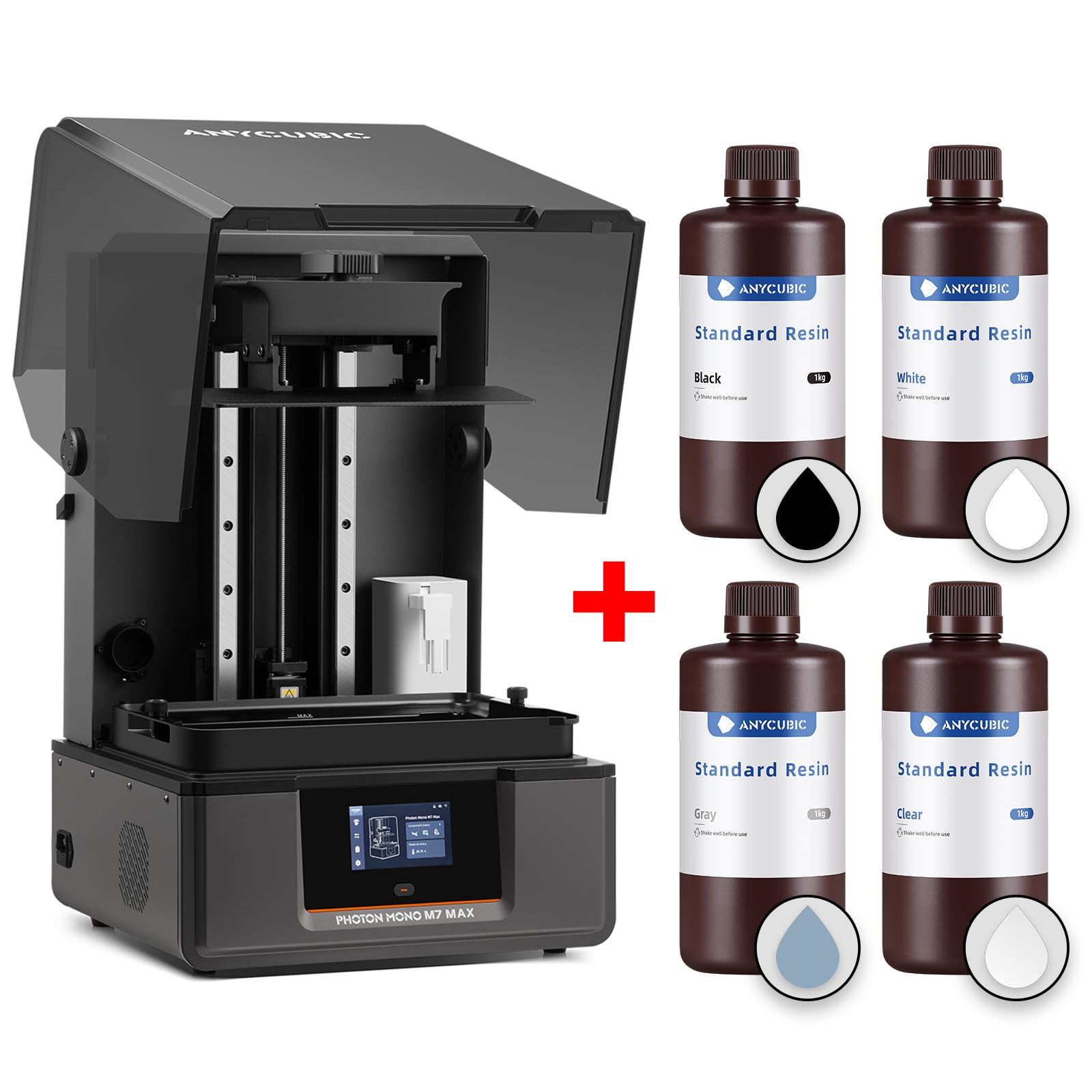 Paquete Anycubic Resina Estándar 4kg y Photon Mono M7 MAX Impresora 3D Resina, Impresora Resina Grande de 13,6'' 7K con Impresión Inteligente Asistida, Resina (Negro+Blanco+Gris+Transparente, 1kg*4)