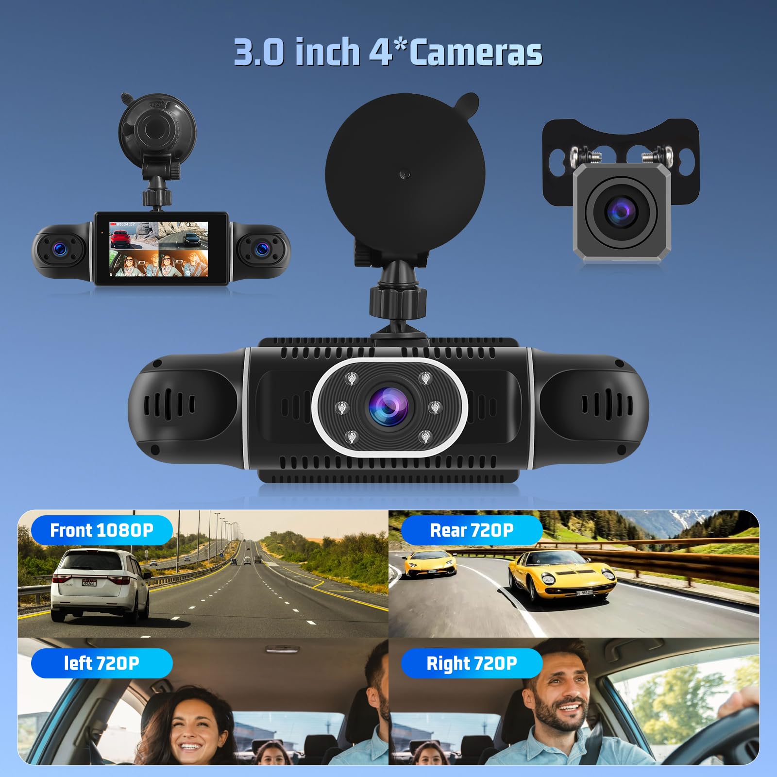 Caméra Embarquée 1080P, Caméra embarquée 4 Canaux Avant et arrière à l'intérieur, Dash Cam avec écran IPS 3 Pouces, Vision Nocturne WiFi, Capteur G, Enregistrement en Boucle + Carte TF 64 Go