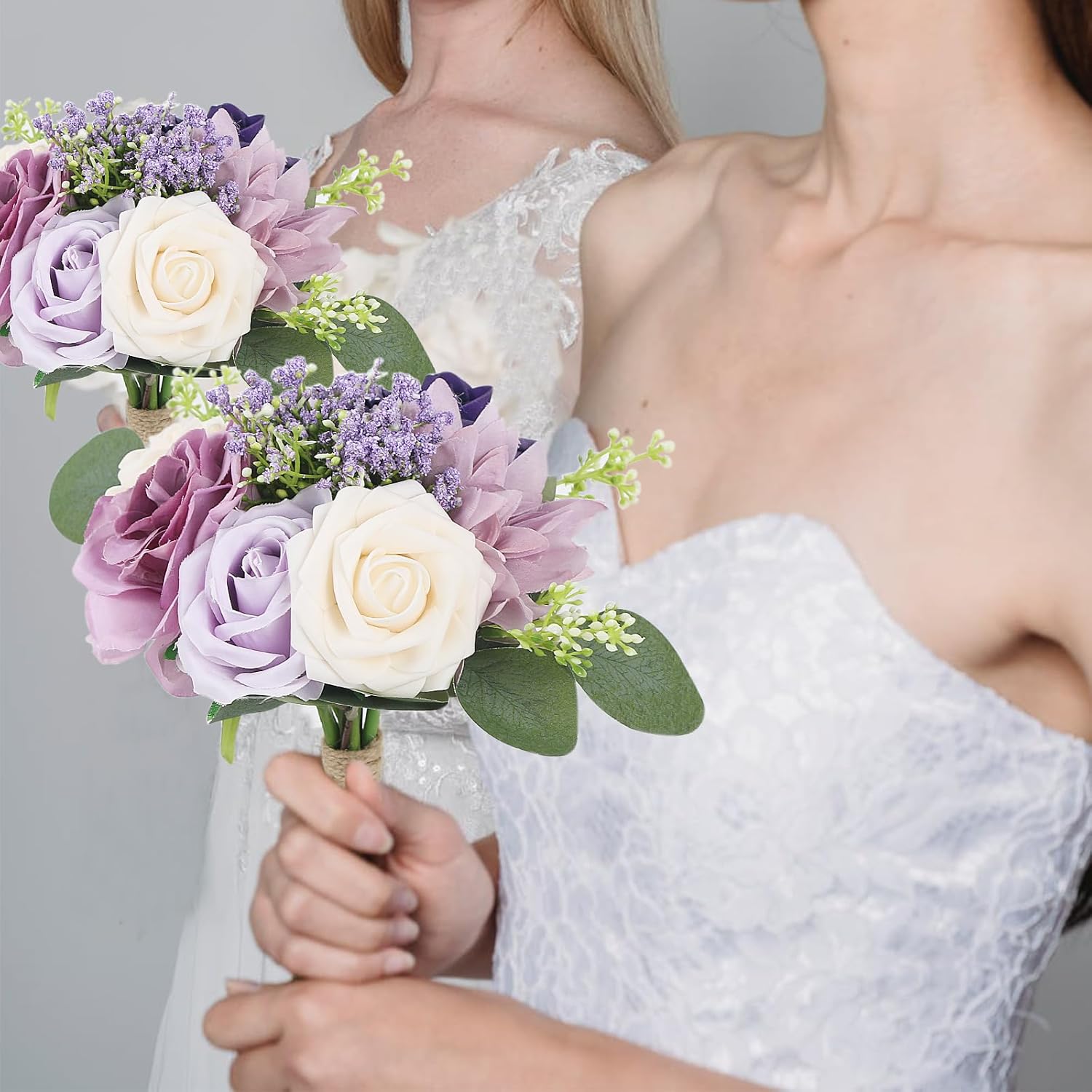 Artificial Bridesmaid Bouquets 4Pcs -7 Inch Bridesmaid Bouquets Fake Floral Silk Rose Handmade for Wedding Holding Flowers, Bridal Shower,Engagement Wedding Ceremony Anniversary - Lilac