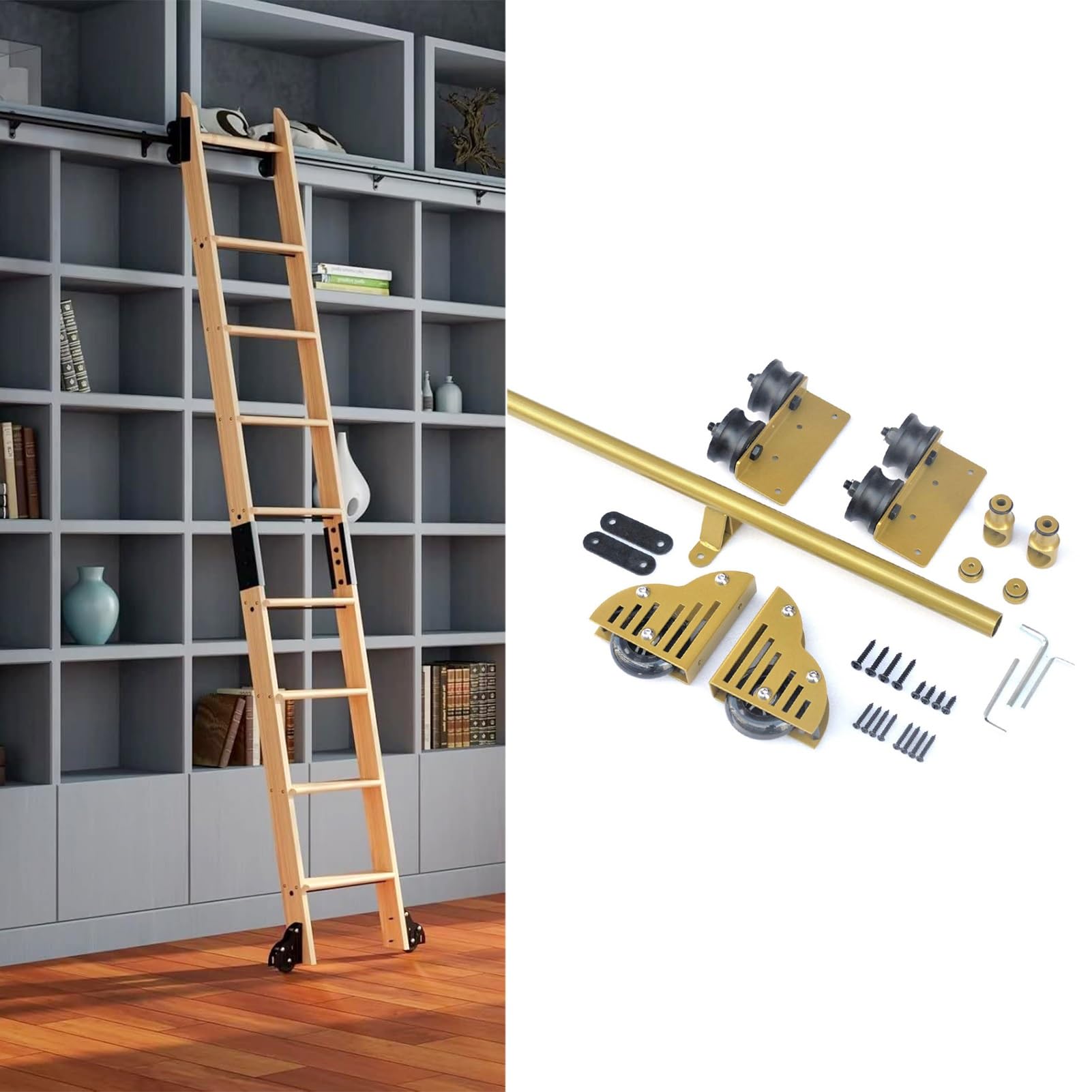 DONGGANSHI Heavy Duty Steel Library Ladder Hardware Kit Sliding Rail,Rolling Ladder Track Kit with Floor Wheels 3.3FT-24FT – Perfect for Bookshelves and Warehouses(10ft/300cm Track kit)