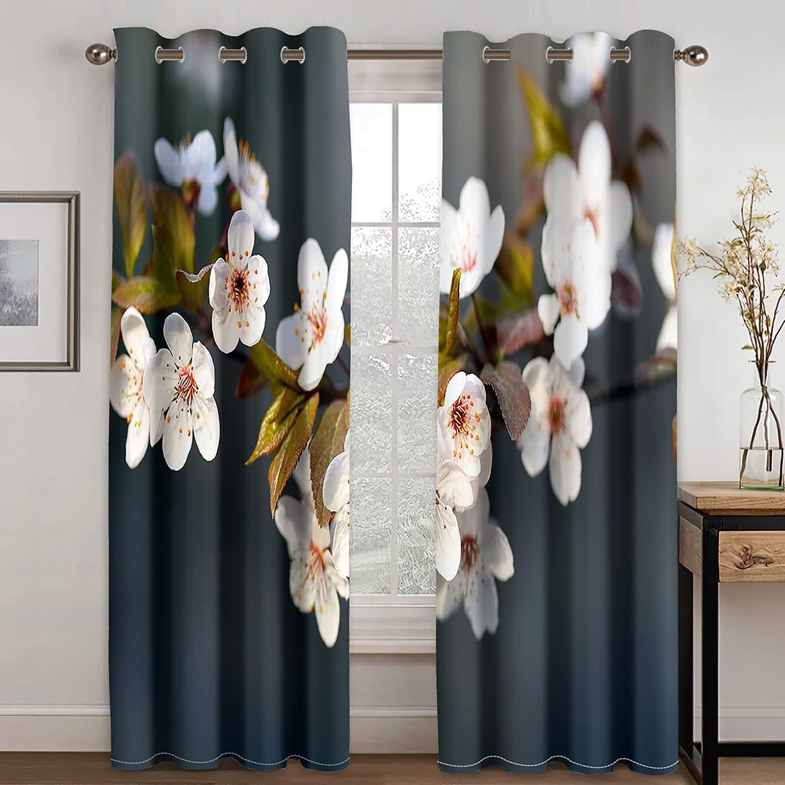 Vorhänge Elegant, Gardinen Landhausstil Weiß Grün Polyester Weiße Blumen Vorhänge 2er Set B 102 x H 138 cm