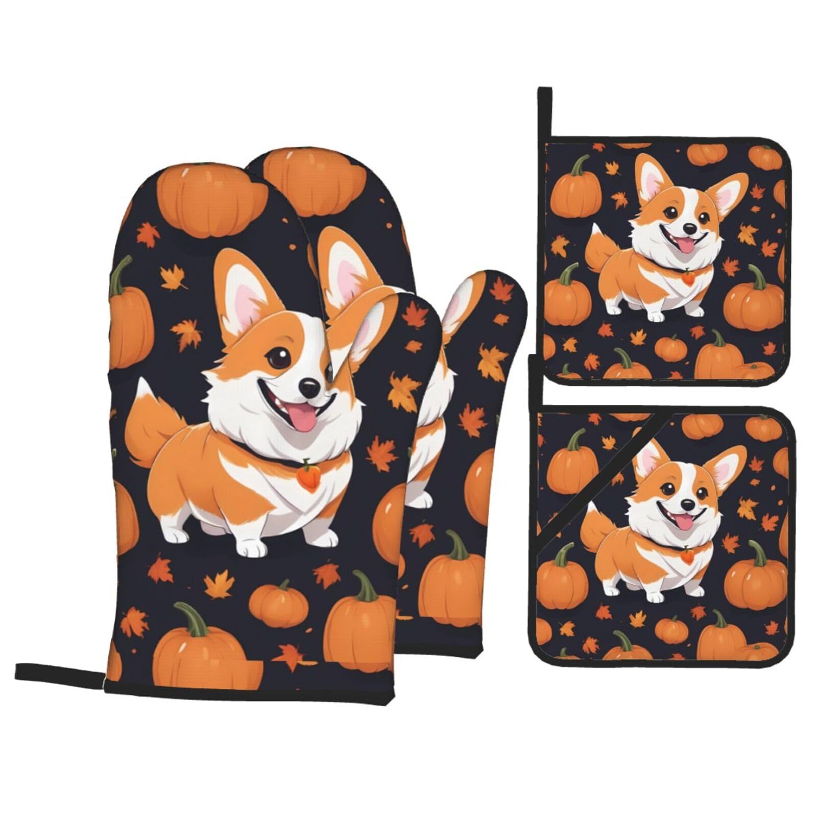 HJFCZH Pumpkin Corgi Picture Kitchen Baking Set of 4 Thick Insulated Oven Mitt & Pot Holders, Anti-Scalding for Microwave, Oven, Outdoor BBQ