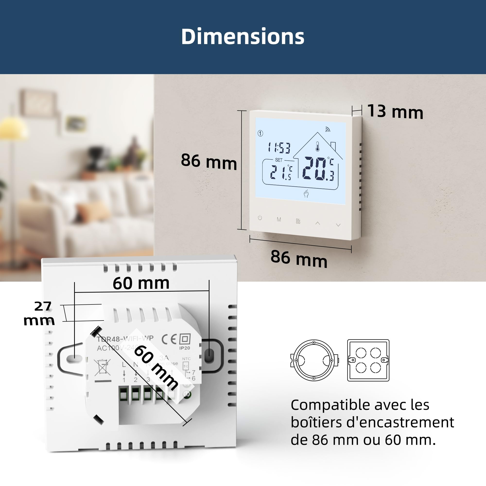 Beok Thermostat Connecté Grand Écran, WiFi pour Chaudière Gaz/Chauffage au Sol à Eau, Commande vocale Google Home & Alexa, Contrôle à Distance Via app Tuya Smart, Programmation journalière, 230V/3A