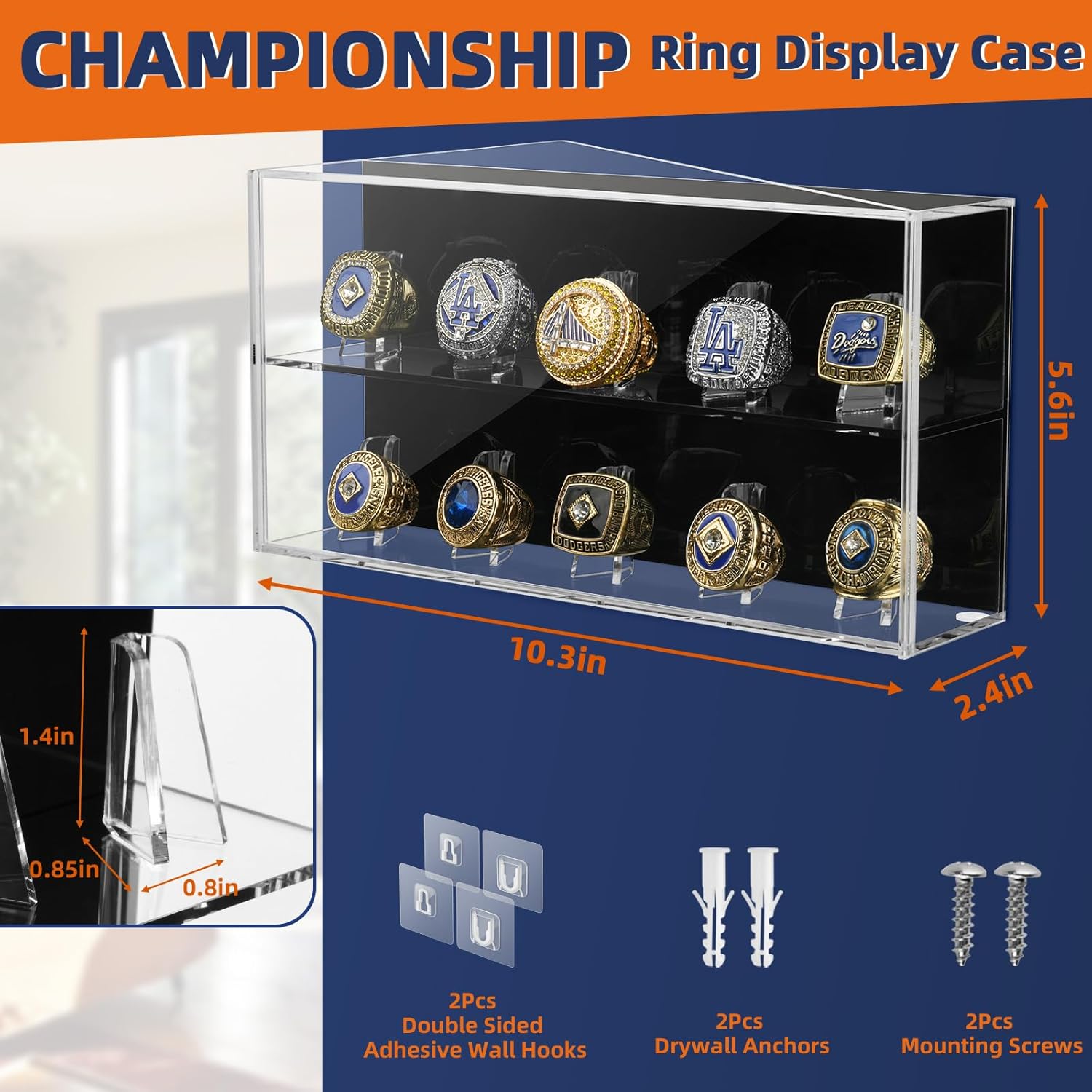 Championship Ring Display Case, 10 Ring Slots Baseball Ring Display Box Acrylic Baseball Ring Holder Wall Mount Shadow Box, Large Display Stand Case Organizer for Sports Ring Storage Display (Acrylic)
