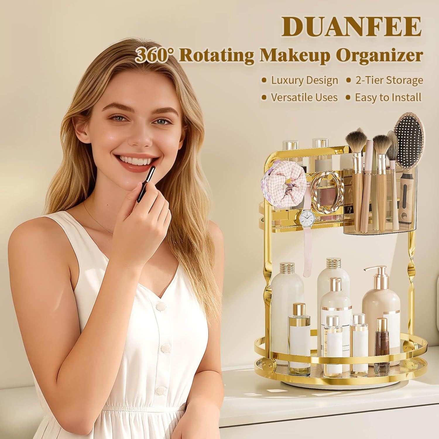 360 Rotating Makeup Organizer, Gold Perfume Organizer, 2 Tier Bathroom Counter Organizer, Multi-Function Spinning Skincare Storage, Cosmetic Display Case with Brush Holder for Vanity Dresser