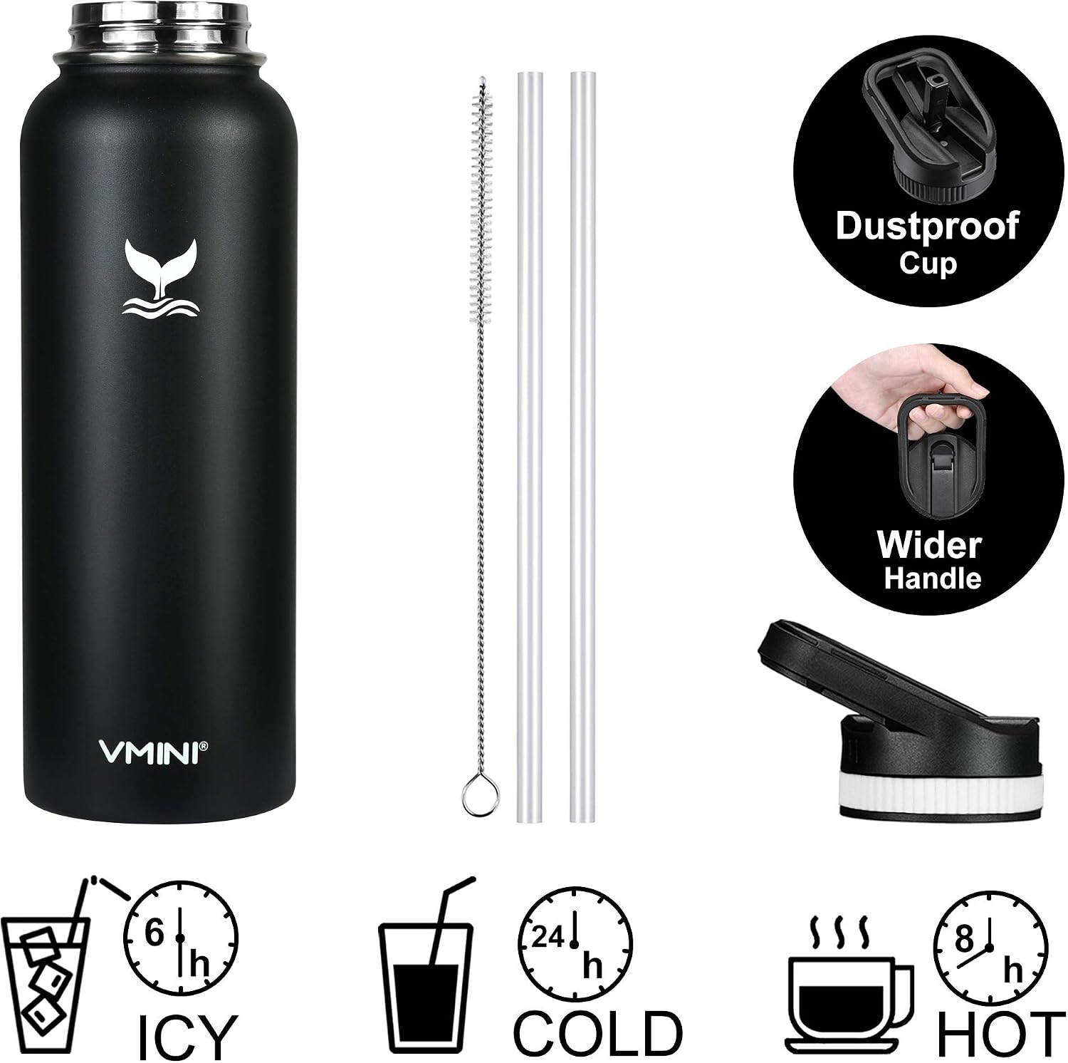 Vmini Water Bottle with Straw, Wide Sturdy Straw Lid with Dust Proof Cap, Wide Mouth Vacuum Insulated Stainless Steel Water Bottle, 32/40 oz