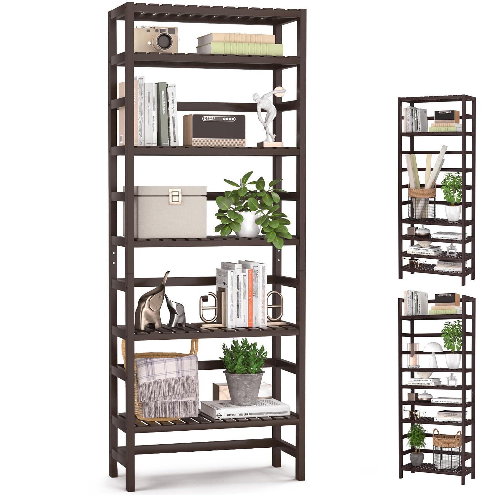 Homykic 6-Tier Bamboo Bookshelves and Bookcases, Adjustable 63.4”Tall Shallow Book Shelf Organizer Rack, Freestanding Storage Shelving Unit for Living