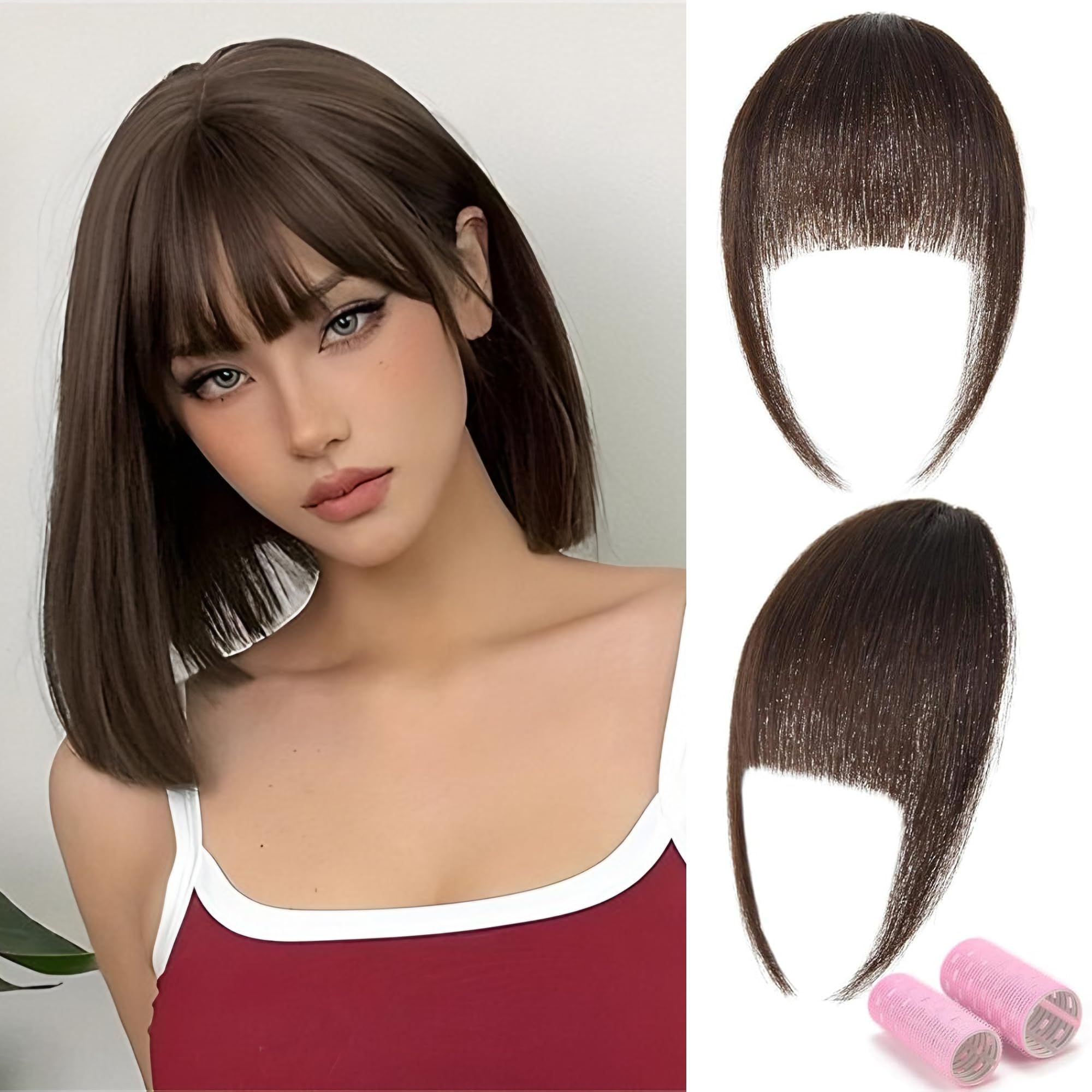 LEEONS Clip-in Bangs - 100% Human Hair Bangs, Dark Brown, Blunt Cut, for Women & Girls - Daily, Party/Halloween Use (2#)