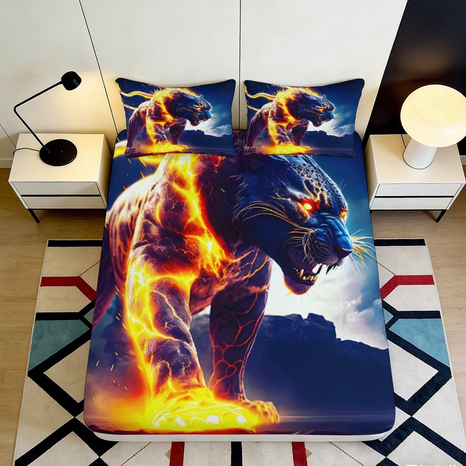 3D Printed Fiery Panther Fitted Sheet Microfiber Mattress Cover for Bedroom Dorm Decor Anti-Slip Washable 140x200x25cm