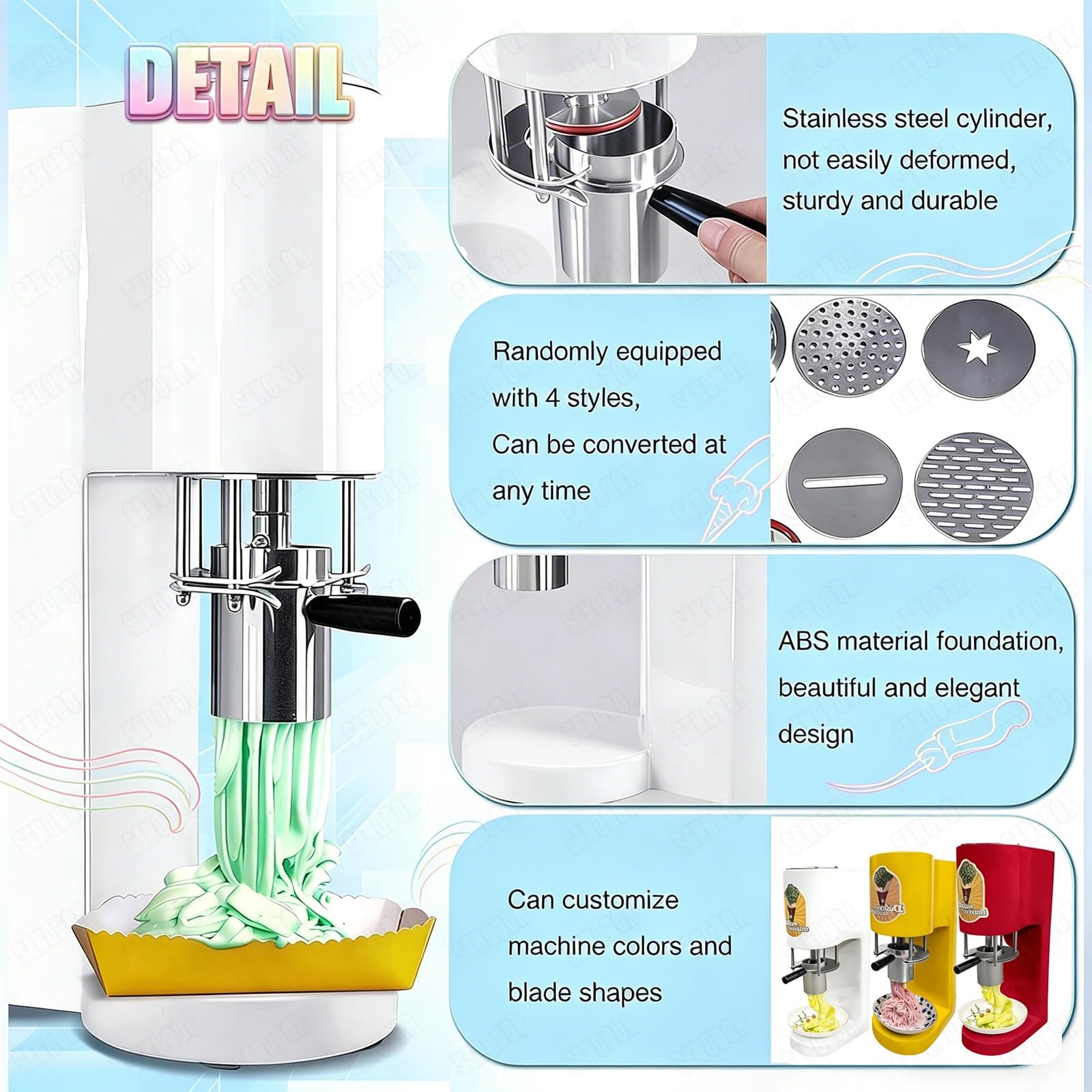 Macchina professionale per gelato spaghetti con 4 stampi di diverse forme, produzione di 30 litri/ora, design salvaspazio, facile da usare e da pulire-per gelaterie