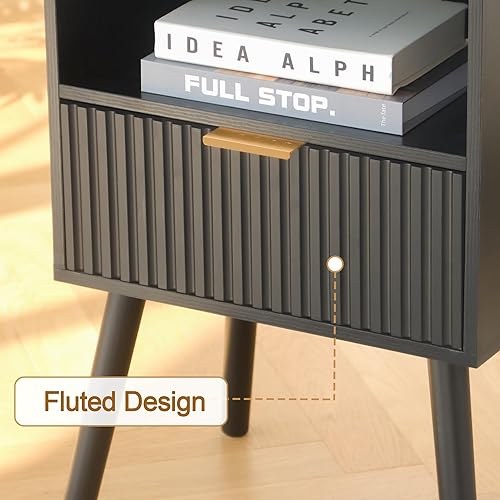 Miniatura 5 de AWASEN Mesita de noche acanalada negra, moderna mesita de noche con cajones de almacenamiento, mesita de noche pequeña con madera maciza para sala