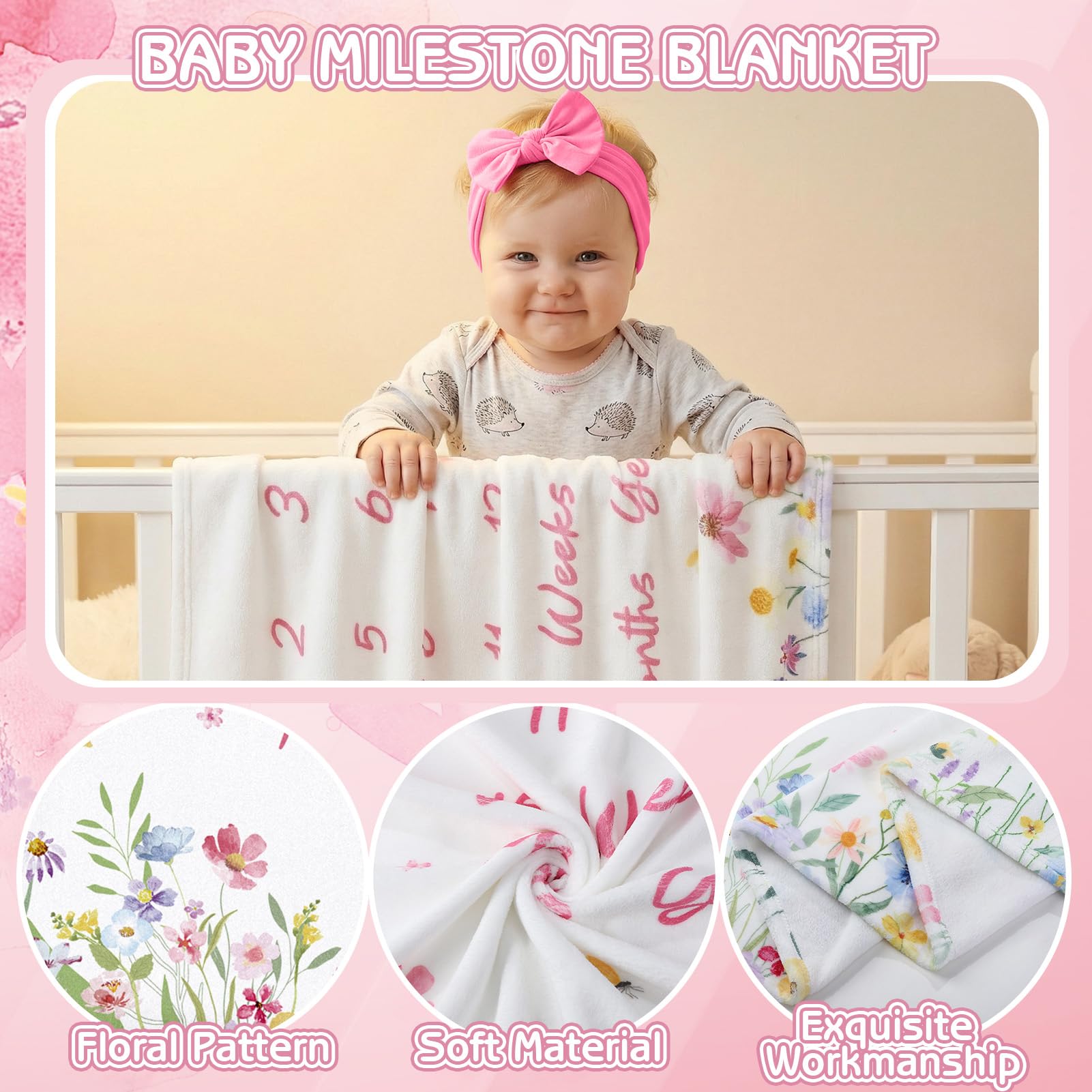 GSrenyu Coperta in flanella per bambini, con stampa floreale e fiocco, per neonati, ragazzi e ragazze, include cornice in feltro