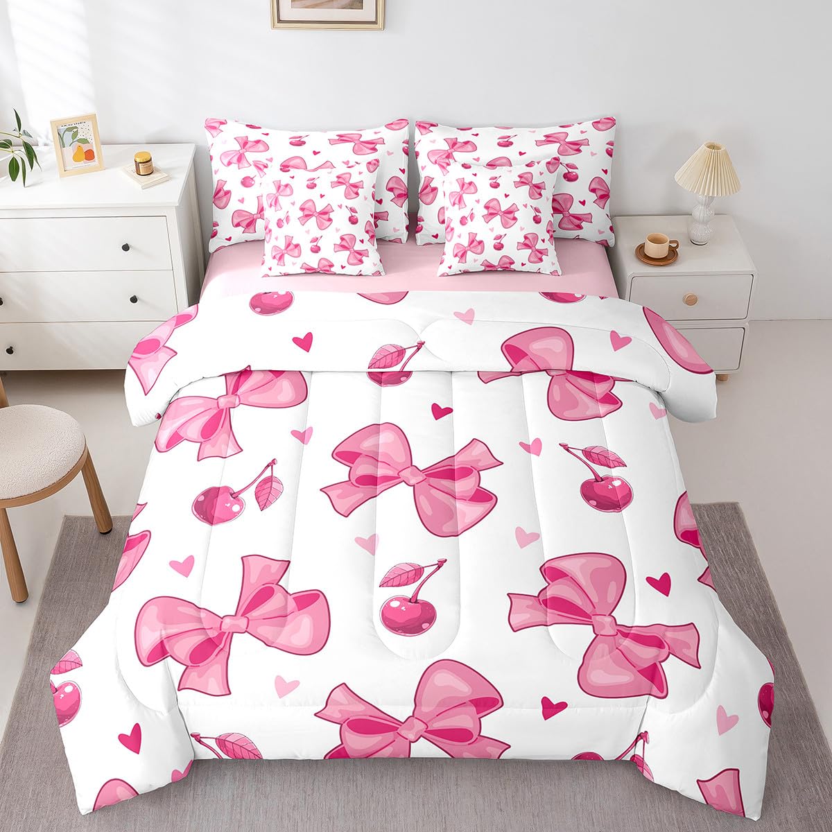 Erosebridal Dreamy Princess Bowknot Girls Bedding Set Cute Kawaii Bow Twin Comforter Set 7 Piece Pink Cherry Bowknot Bed in A Bag for Kids Teen Adults Bedroom Decor,Ribbon Bow Bed Set