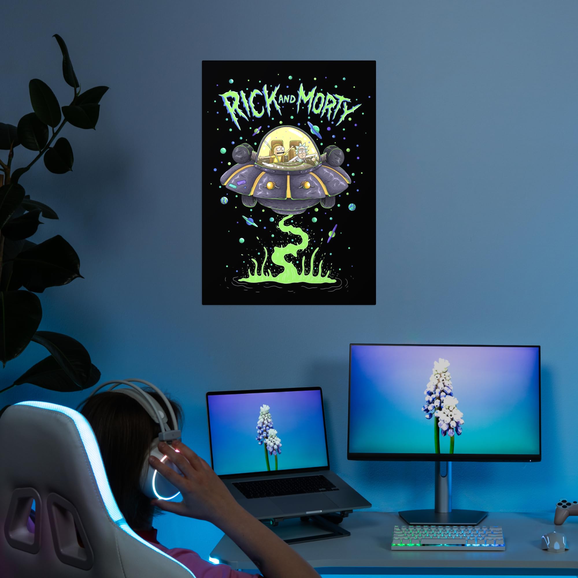 Displate - Poster in metallo - Montaggio facile senza foratura - Rick and Morty - Psychedelic Monsters - Spaceship - Größe M - 32 x 45 cm Matt