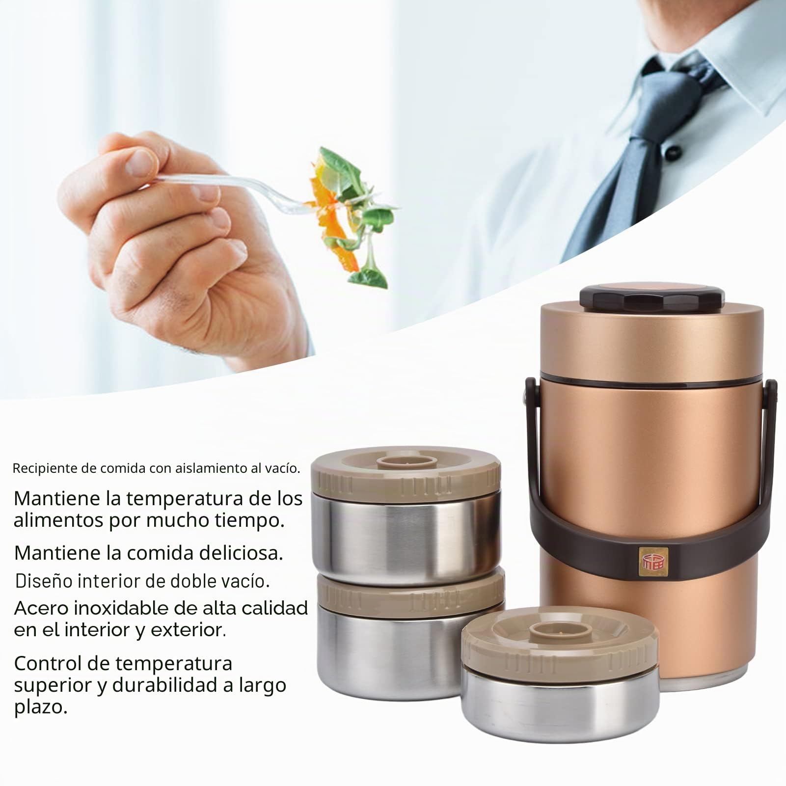KIMISS Termo Para Alimentos 2L Termos Para Comida Caliente 24 Horas Acero Inoxidable 304 2.3L Al Vacío 3 Capas Evitan Fugas Contenedor Aislado Para Viajes de Trabajo (Oro)