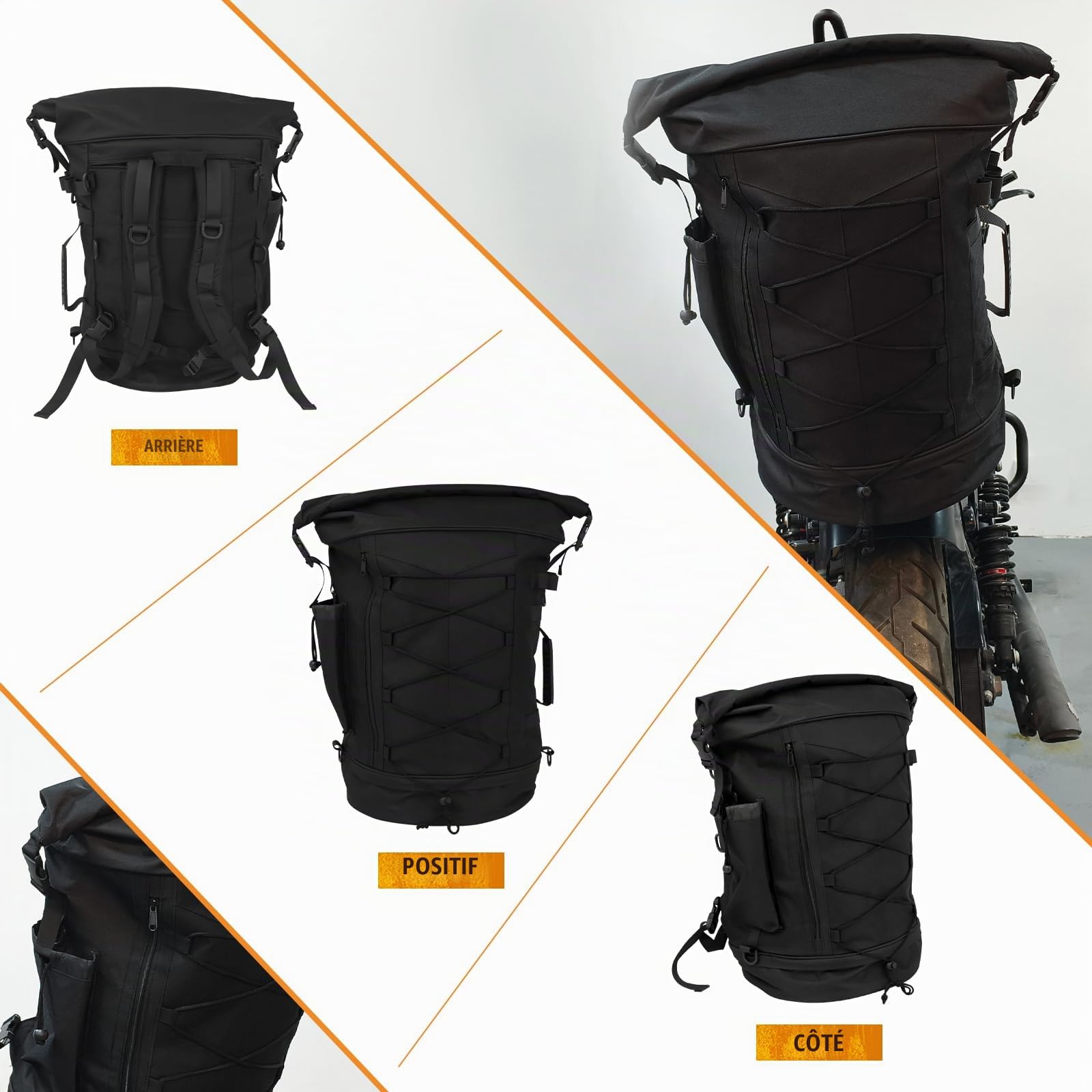 Sac à Dos de Moto Sissy Bar - Grande capacité - Extensible - 50 à 80 l - avec Housse de Pluie et bandoulière - Ajustement Universel pour Harley Yamaha Suzuki Kawasaki | Capacité 50-80L, design extensible, housse de pluie et bandoulière, convient pour Harl
