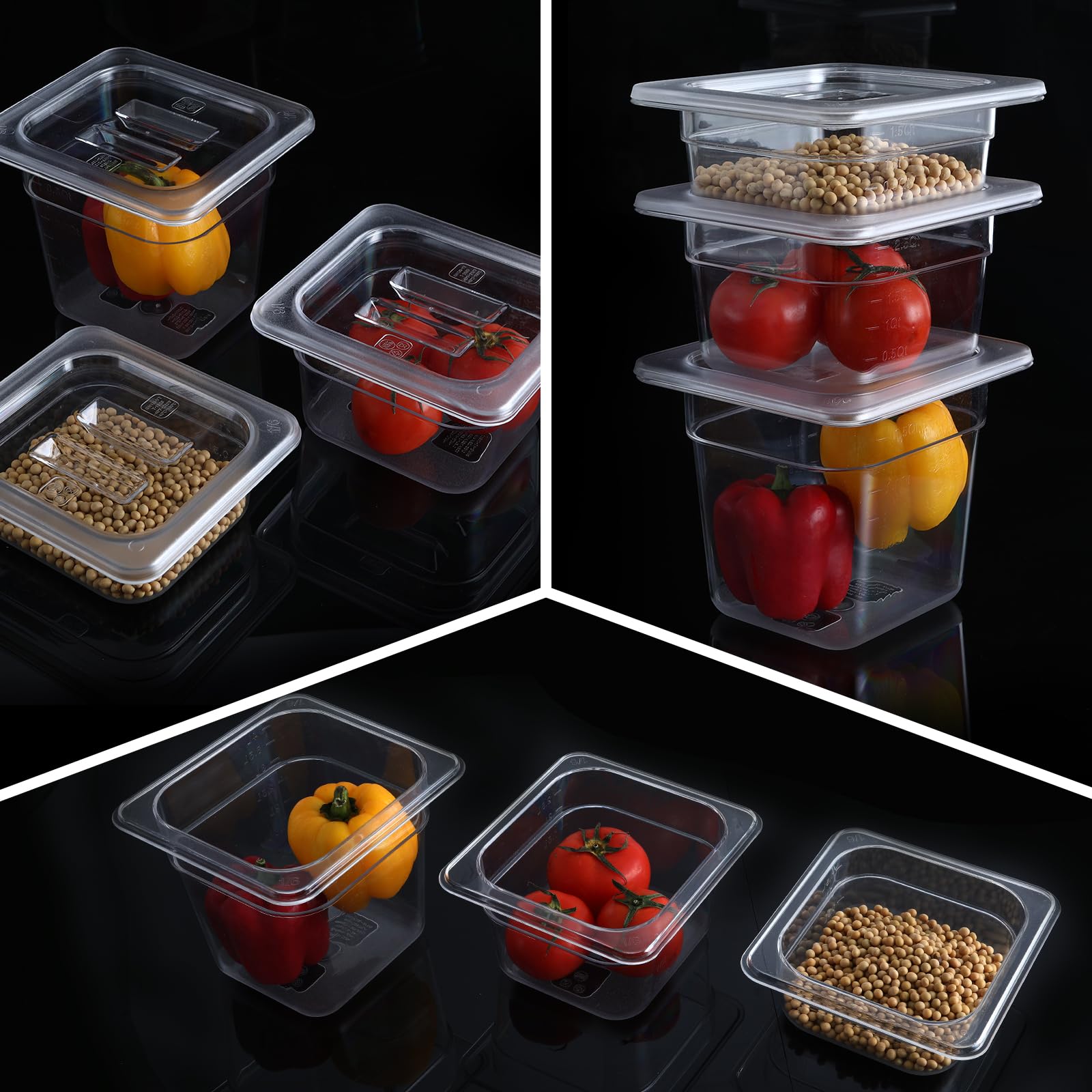 Paquete de 6 sartenes transparentes de 1/6 de 6 pulgadas de profundidad con tapas, sartenes comerciales de policarbonato transparente para almacenamiento de alimentos, sartén de plástico apilable con