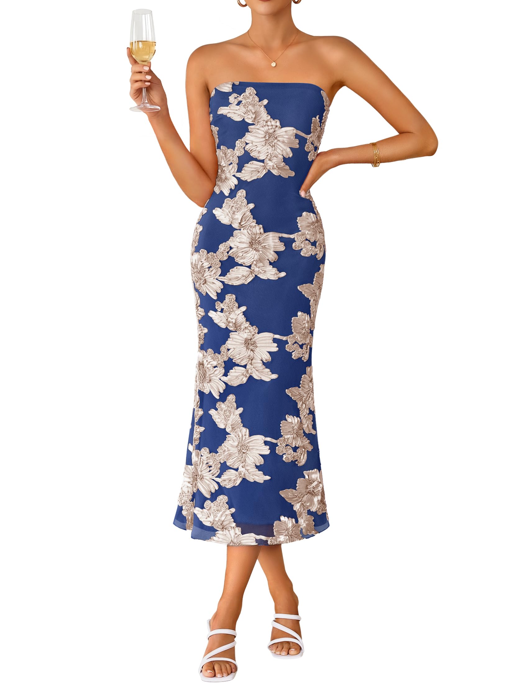 ZESICA 2026 Summer Strapless Floral Cocktail Wedding Guest Dress for Women | Formal Bodycon Mesh Tube Midi Dresses, Elegant Bridal Shower Bridesmaid Birthday Holiday Dinner Party, Fashion Evening Gown