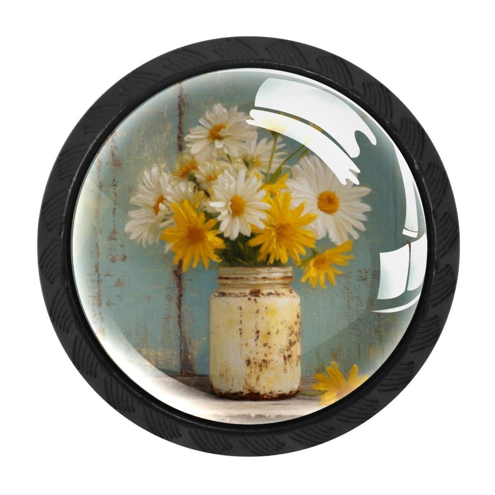 CHENZZZZ 4 Pieces Rustic Farm Daisies (2) Kitchen Cabinet Knobs Drawer Knobs Dresser Knobs Black Knobs Drawer Pulls Dresser Drawer Handles Knobs for Dresser Drawers