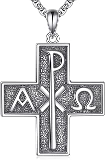 Chi Rho Cross Necklace 925 Sterling Silver Alpha Omega PX XP Symbol Cross Pendant Religious Jesus Christian Jewelry, w/Stainless Steel Chain 22"+2"