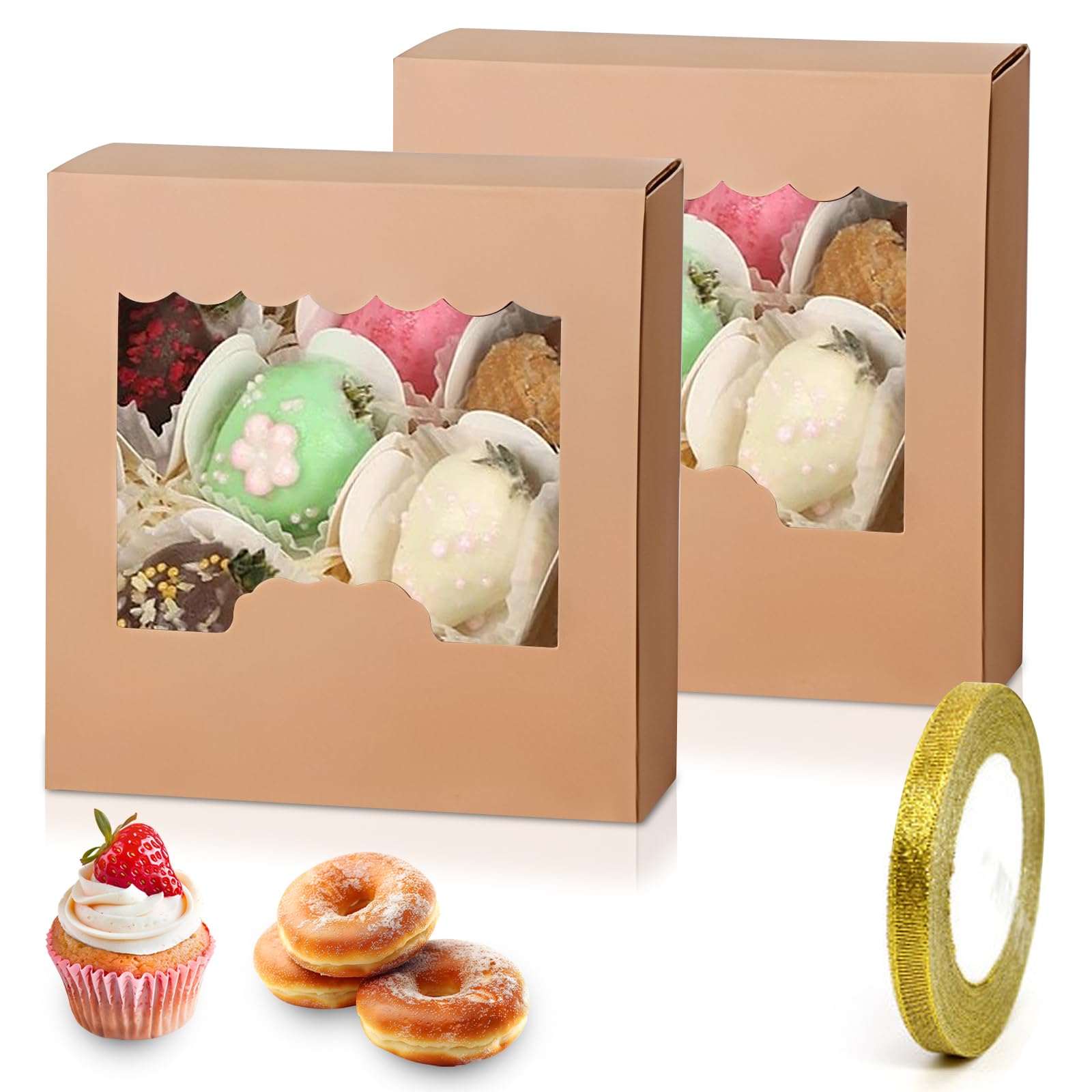 XMDROU Cookie Boxes, 35 Pack Bakery Pastry Boxes with Window, Brown Cupcake Box Mini Cake Box with 1 Wrapping Ribbon for Muffins Pastry Cupcake Candy Pie Party Favours (13,5 x 13,5 x 5cm)