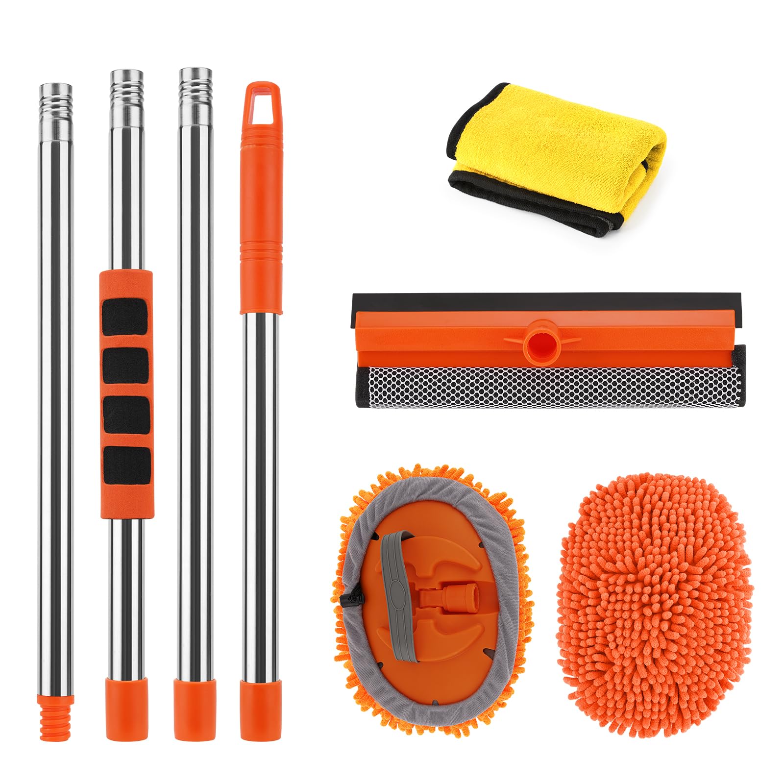 Kit de cepillo de lavado de coche de 62 pulgadas con mango largo, guante de limpieza de microfibra 3 en 1 adecuado para coche, SUV, camión, RV y hogar, sin arañazos, 2 cabezales de fregona