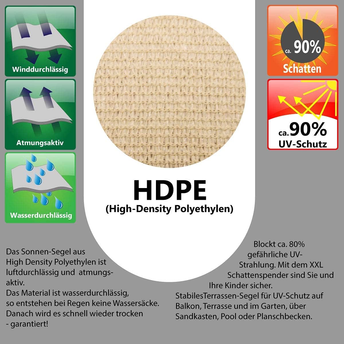 AMANKA Tenda da Sole UV - 3x3x4,25 Triangolo Rettangolo HDPE - Telo di Protezione Solare Beige