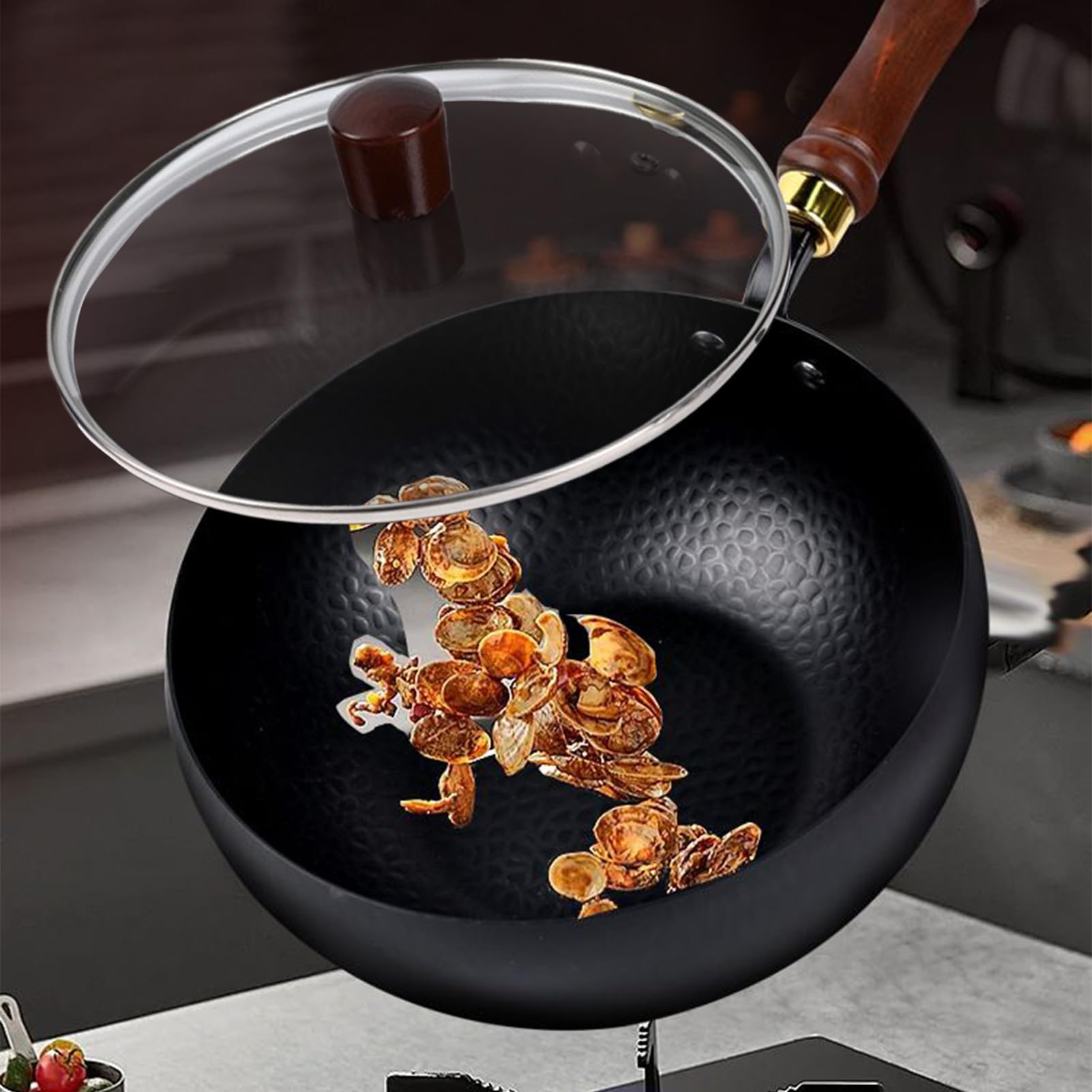 Padella in ferro giapponese, 24 cm, wok cinese in ferro con coperchio e manico in legno, padella antiaderente non rivestita per casa, esterni, ristorante, campeggio