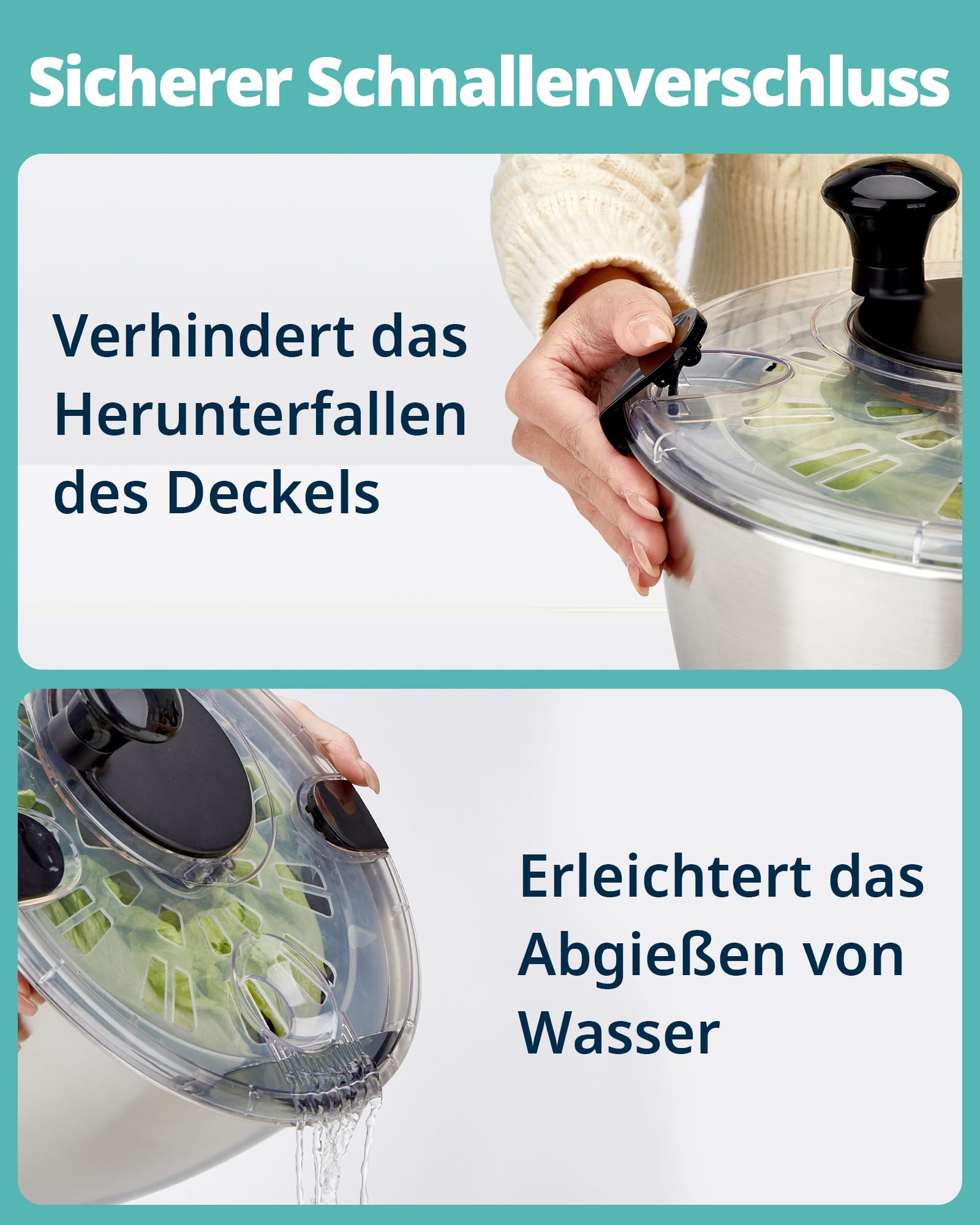 Salatschleuder Edelstahl 18/10 mit Kurbelantrieb, 6L große Salatschüssel mit Deckel, rutschfest & spülmaschinengeeignet – Salad Spinner für Salat, Gemüse, Obst