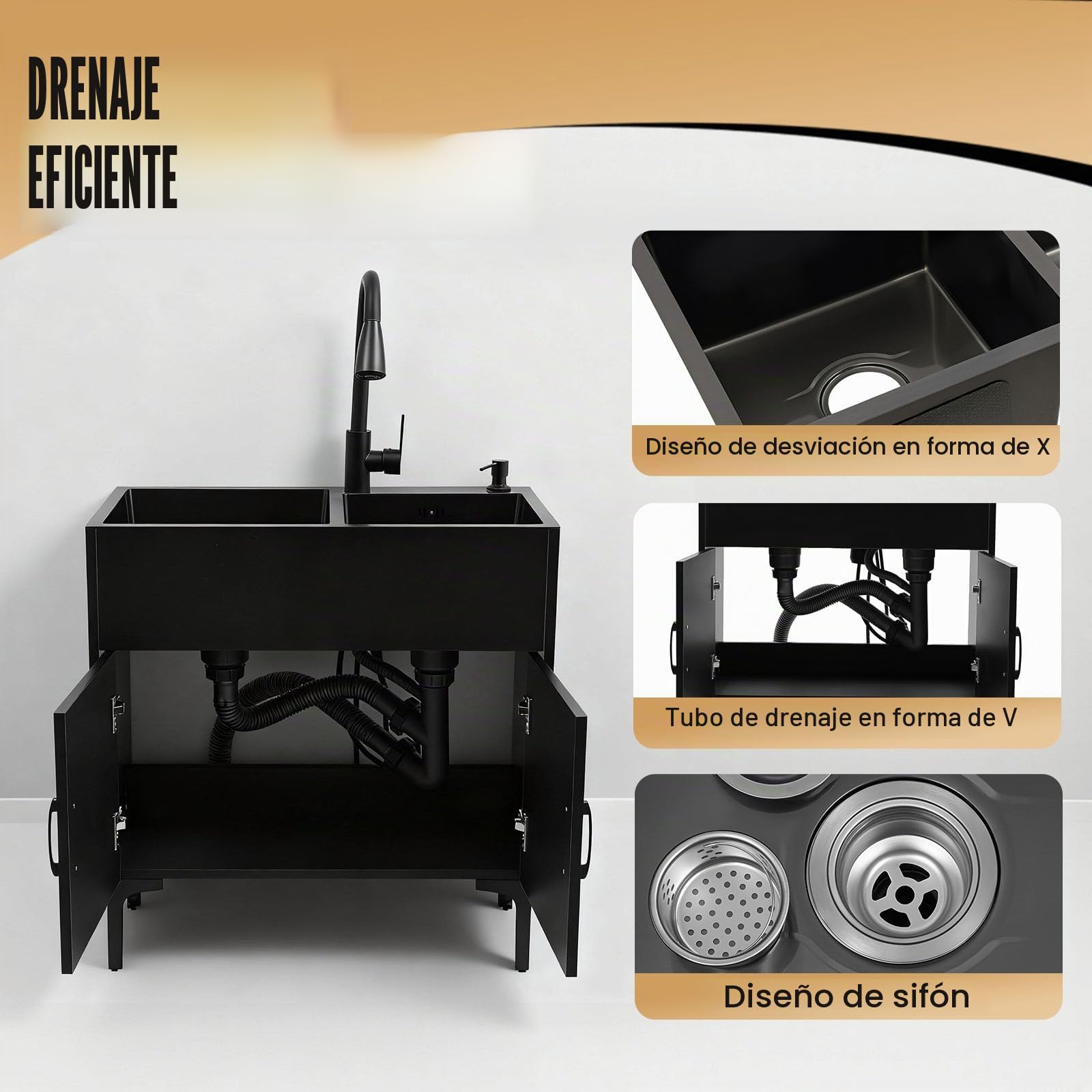 Fregadero de cocina independiente con armario y grifo extensible, 75 x 41 x 78 cm, acero inoxidable, comercial, fregadero doble con cesta de drenaje y unidad de desagüe para cocina, lavandería/negro