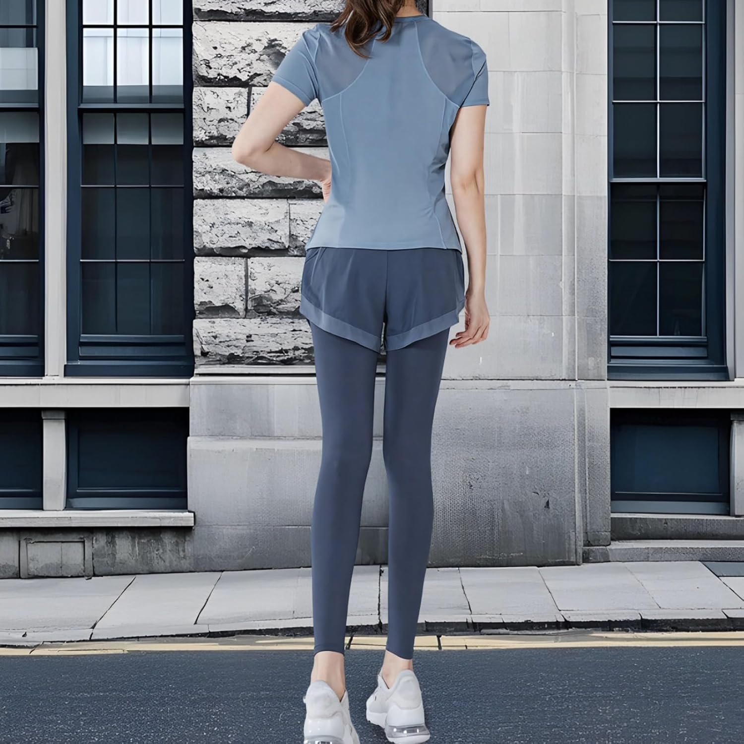 Black Two Piece Pilates Set For Women, Short Sleeve, Breathable Stretch Fabric, Polyester-Spandex Blend, Casual Sportswear Xxl,