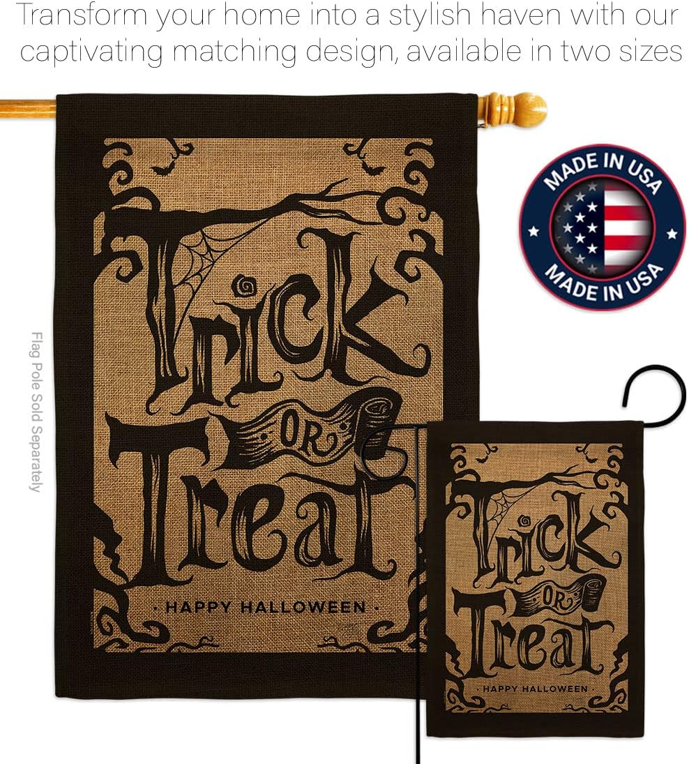 Halloween Trick Burlap Garden Flag - Set with Stand Fall Witch or Treat Spooky Night Black Cat Season Autumntime Pumpkin - House Decoration Banner Small Yard Gift Double-Sided Made in USA 13 X 18.5