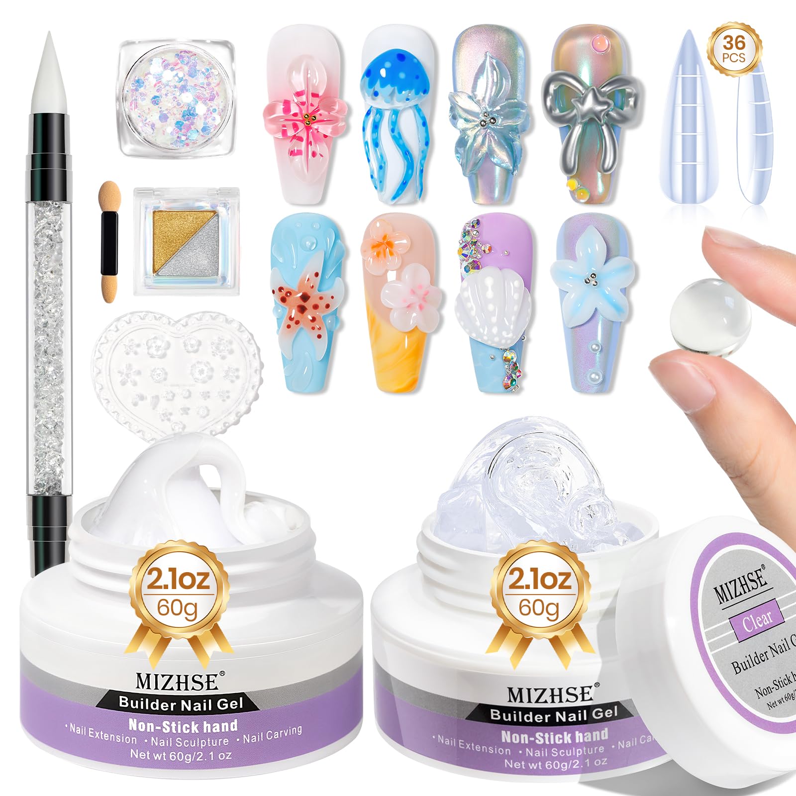 MIZHSE 60G 2er Clear und Weiß Solid Builder Gel Set für Carved Prägung, Non Stick 3D Gel Nail Art mit Chrome Nail Powder, 3D Gels Nagelkleber für Nägel Extension Sculpting Rhinestone Glue Nail Charms