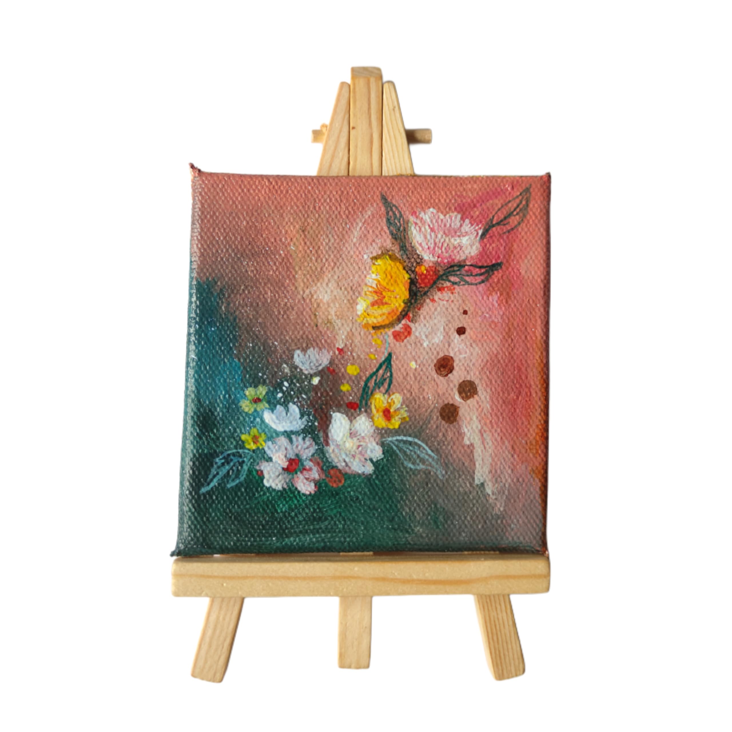 Mini Canvas Floral Painting with Wooden Easel, 7.6×7.6cm, Pink and Teal-image-20