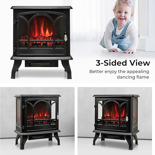 Miniatura 9 de GOFLAME Estufa eléctrica de chimenea de 23 pulgadas, calentador de chimenea independiente con efecto de llama regulable de 3 niveles y temporizador