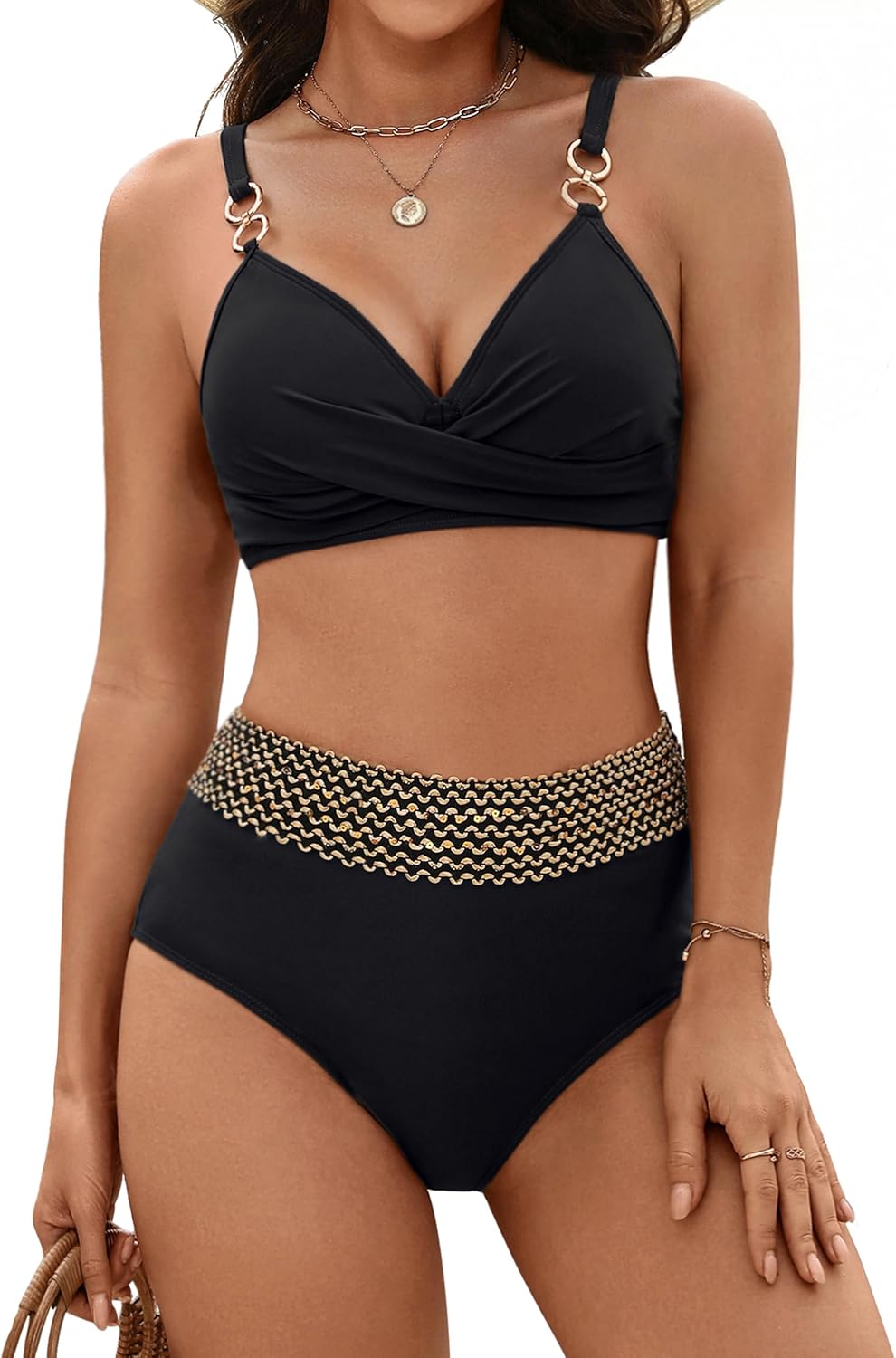 BMJL Womens High Waisted Bikini Sets Tummy Control Colorblock Swimsuits Modest Metal Two Piece Bathing Suit