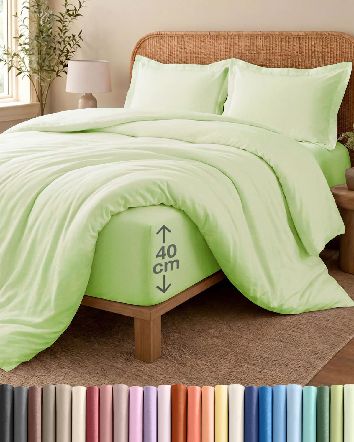 4 Piece Super King Light Sage Green Duvet Cover Set - Duvet Cover & Fitted Sheet, 2 Pillowcases - 260x220cm + 150x200cm 40cm / 16" - Microfibre - Wrinkle & Fade Resistant - OEKO-TEX Certified