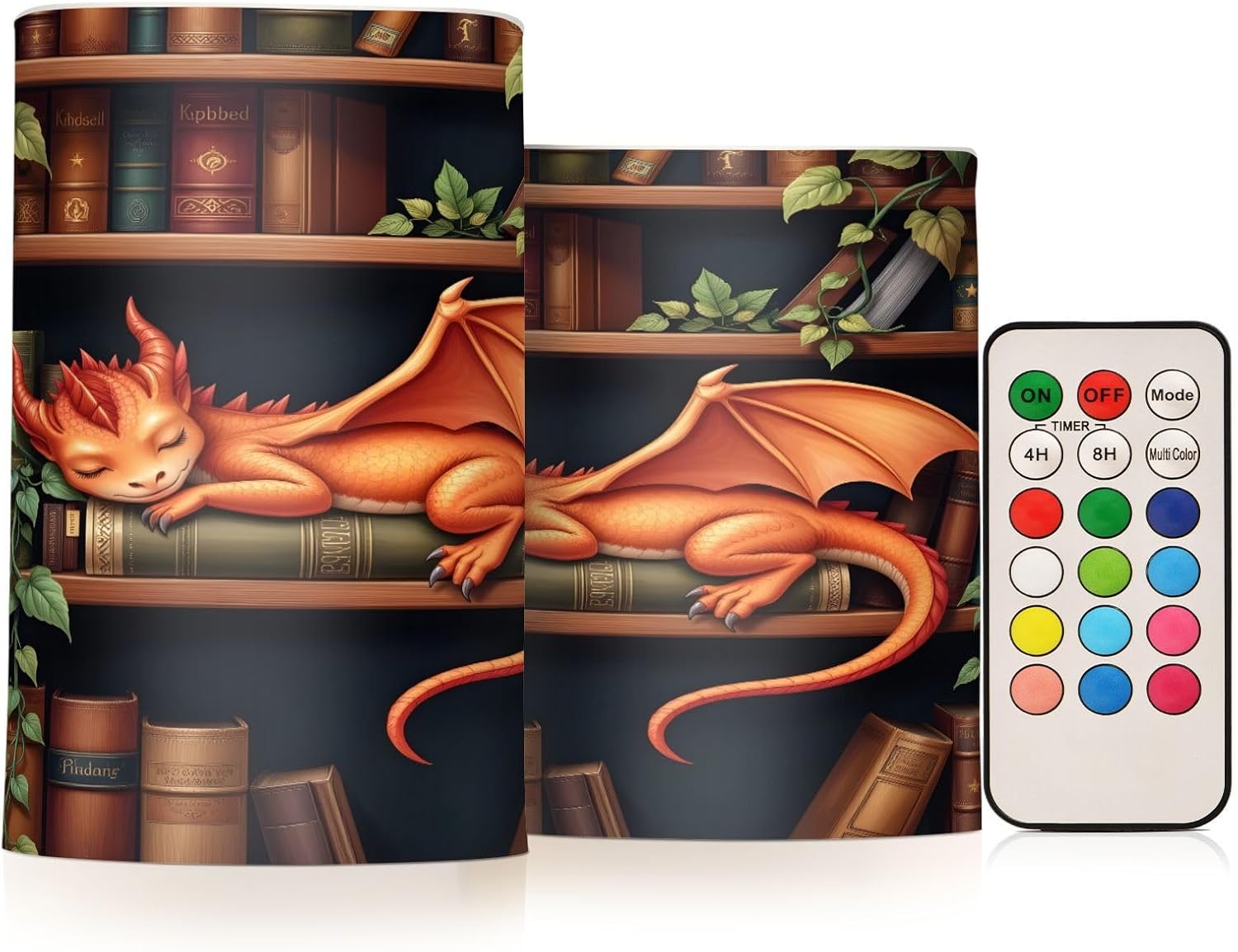 ALAZA Dragon Bookshelf Book Flickering Flameless Candles Pillar Led Candles Battery Operated Candles with Remote and Timers Set of 2