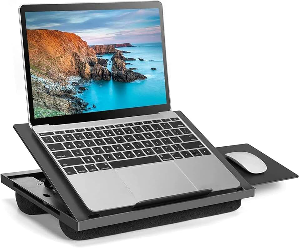 HUANUO Lap Desk Fits Up to 15.6 inch Laptop, Adjustable Laptop Stand with 6 Tilt Angles, Retractable Mouse Pad Tray with Cushion, Portable Lap Desk for Bed, Couch, Sofa, Reading, Writing