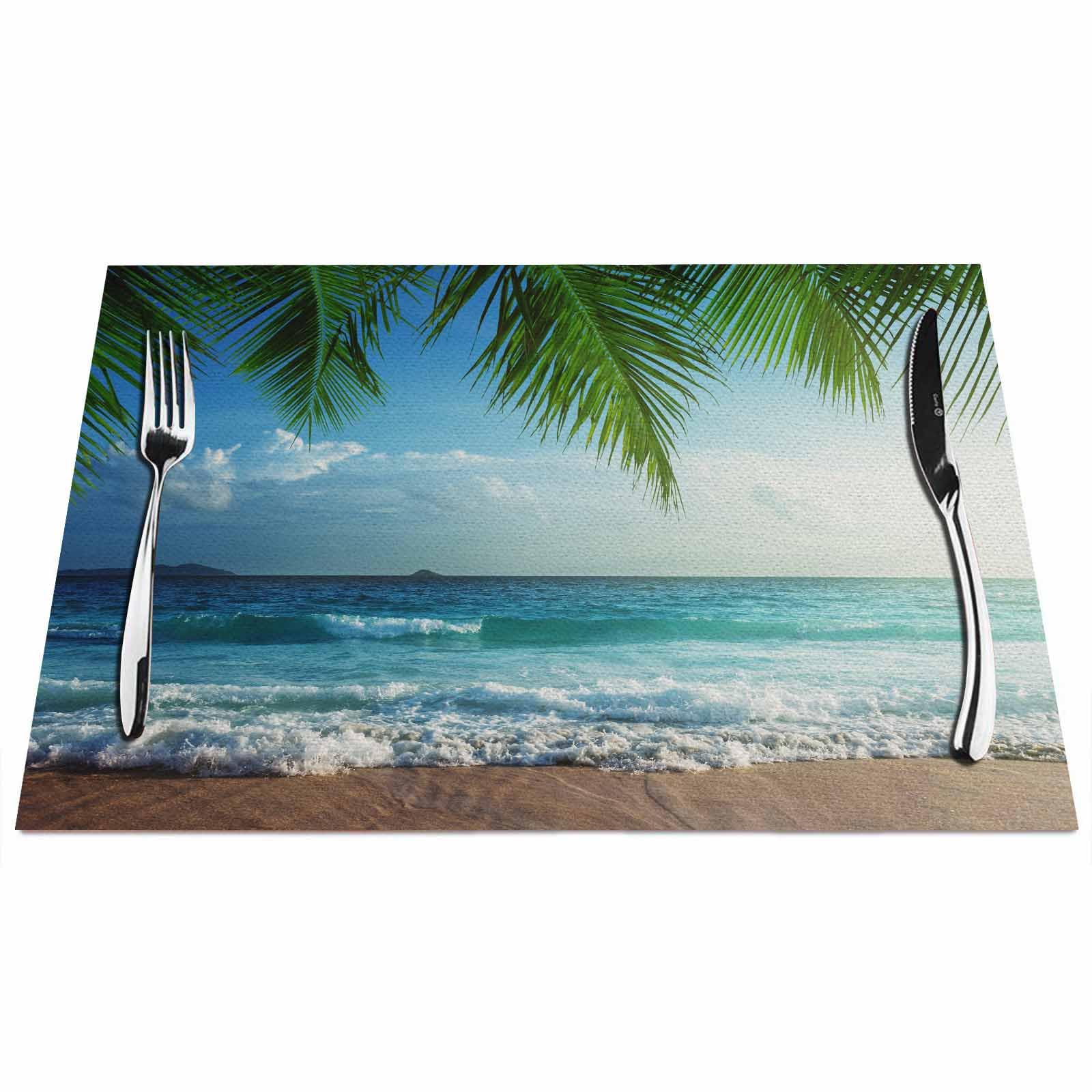 Walmsco Placemats Beach Waves Palm Leaves Hawaii Tropical Style Decor For Dining Room Kitchen Table,Waterproof Non-Slip Washable Heat Resistant Placemats,Set of 4,12"x18"