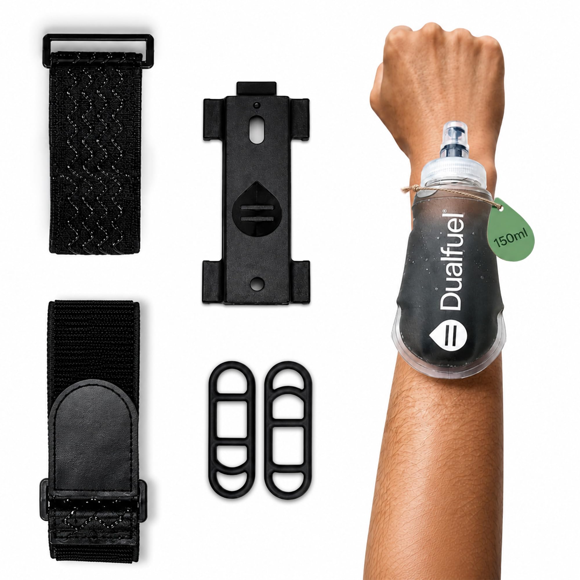Dual Fuel 150ml Wearable Flask – Soft Water Bottle for Running Gels or Hydration – Multi Mount Strap for Belt or Pack – Lightweight Running Flask, Hands Free for Hiking, Kayaking, Skiing