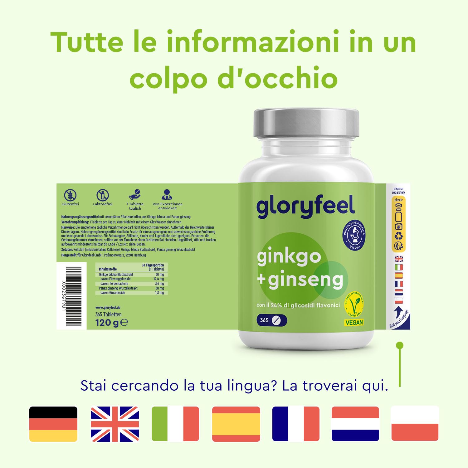 Ginkgo + Ginseng 365 Compresse - 24% Glicosidi Flavonici - Estratto di Panax Ginseng e Ginkgo Biloba (50:1) ad Alto Dosaggio - Scorta di 1 Anno - Testato in Laboratorio, Vegan e Senza Additivi