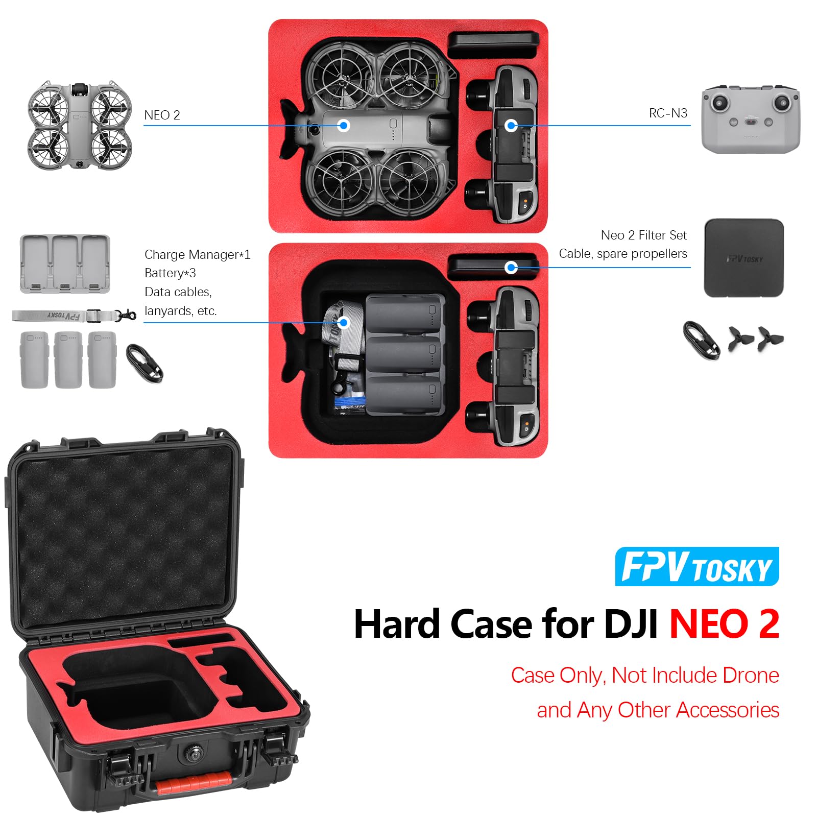FPVtosky Custodia Rigida per DJI NEO 2, Valigia Impermeabile per Accessori NEO 2 Fly More Combo, Adatta al Controller Remoto DJI RC-N3 [SOLO CUSTODIA]